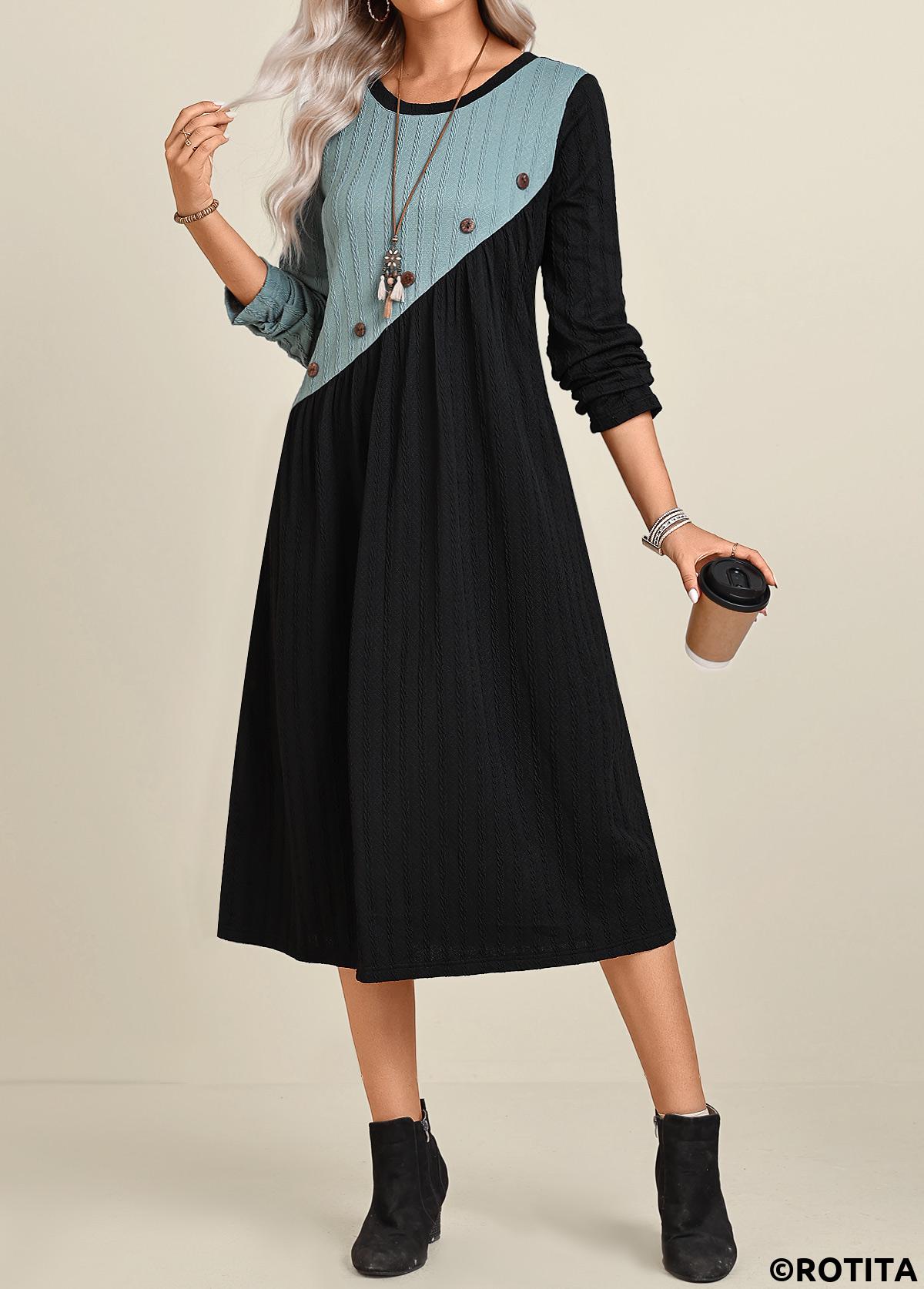 Black dresses,Peacock Blue dresses,Contrast Color dresses,Everyday dresses,Casual dresses,ROTITA Patchwork Black A Line Round Neck Long Sleeve Dress