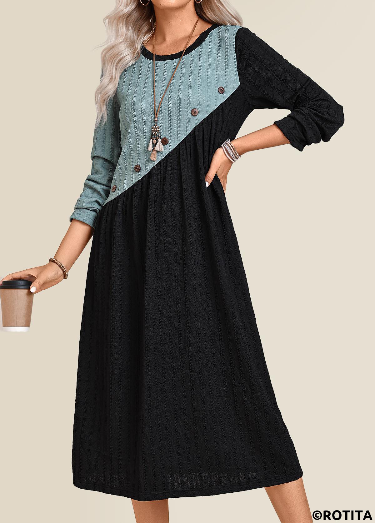 Black dresses,Peacock Blue dresses,Contrast Color dresses,Everyday dresses,Casual dresses,ROTITA Patchwork Black A Line Round Neck Long Sleeve Dress