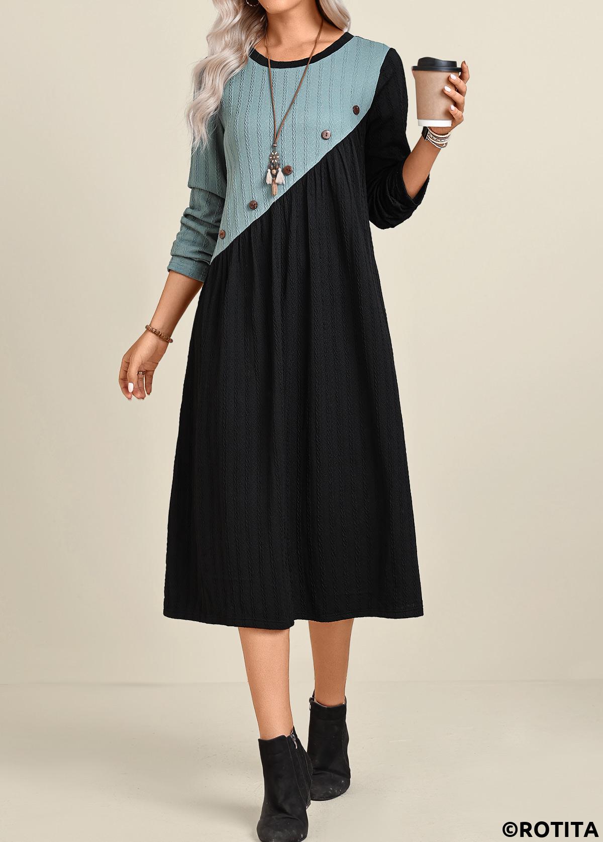 Black dresses,Peacock Blue dresses,Contrast Color dresses,Everyday dresses,Casual dresses,ROTITA Patchwork Black A Line Round Neck Long Sleeve Dress