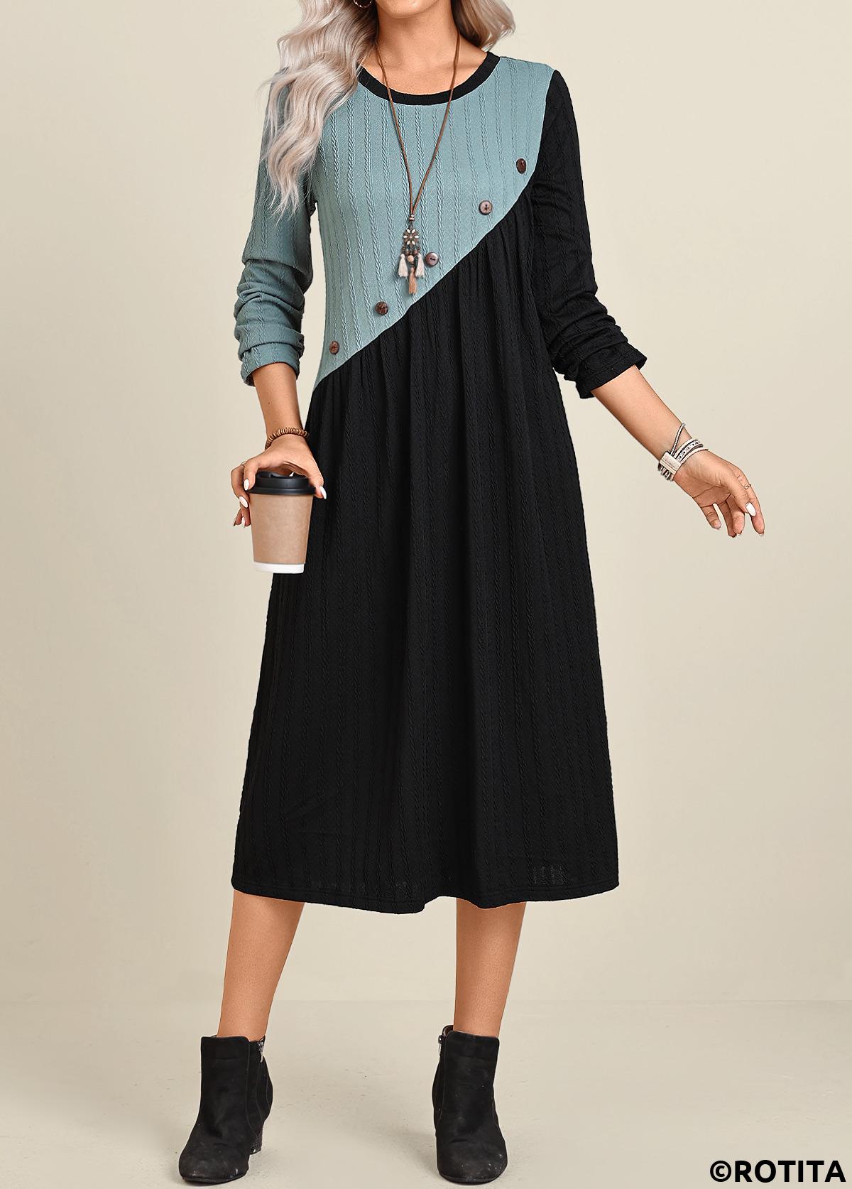 Black dresses,Peacock Blue dresses,Contrast Color dresses,Everyday dresses,Casual dresses,ROTITA Patchwork Black A Line Round Neck Long Sleeve Dress