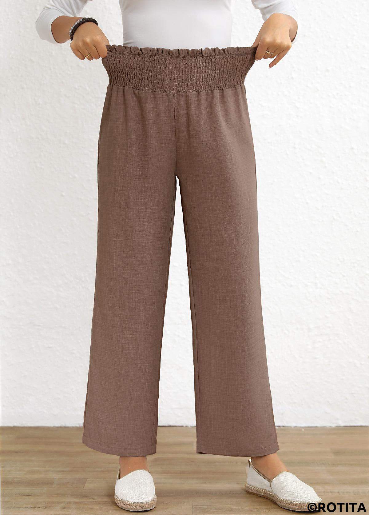 Gray Brown bottoms,Plain Color bottoms,ROTITA Smocked Gray Brown Elastic Waist High Waisted Pants