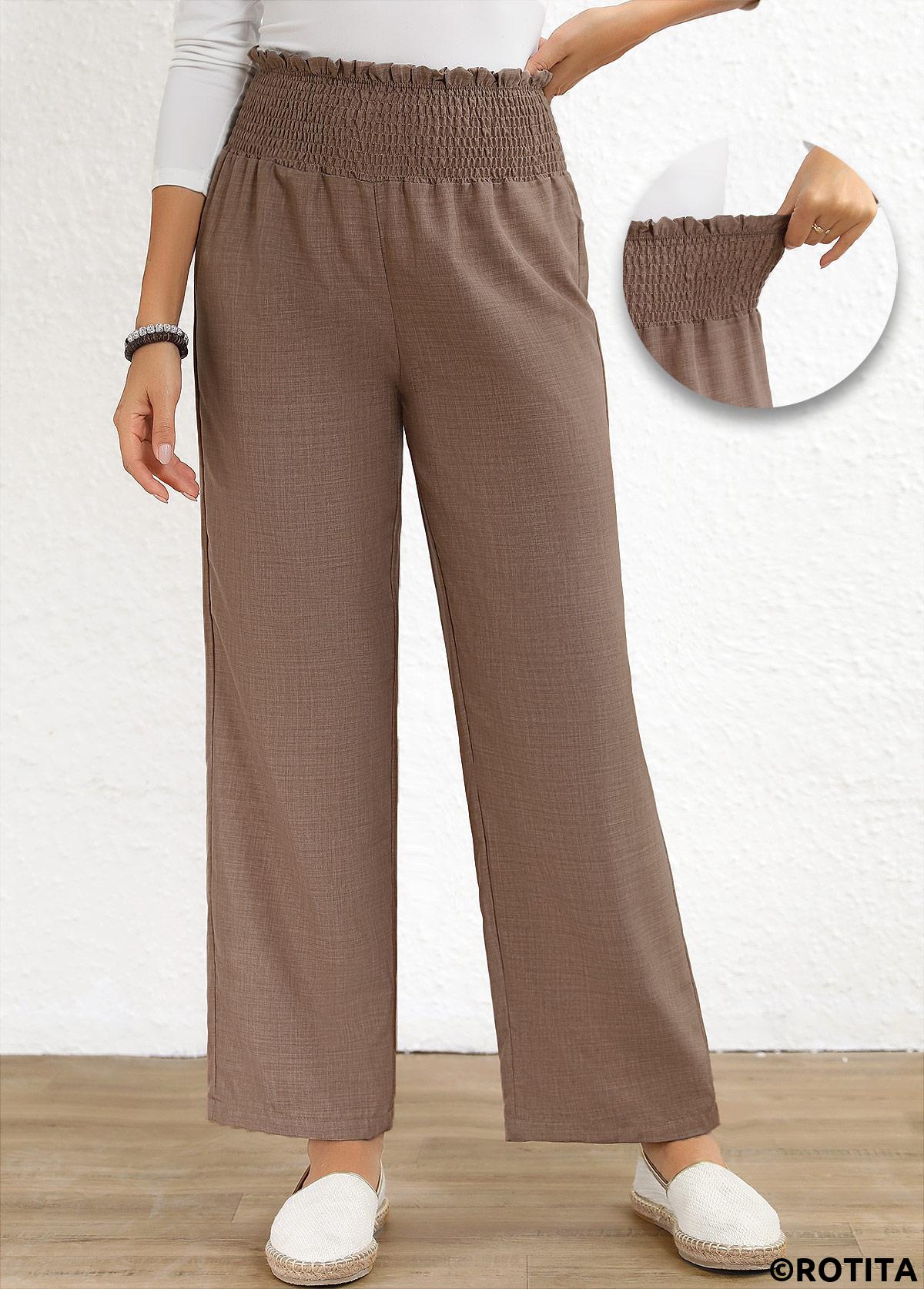 Gray Brown bottoms,Plain Color bottoms,ROTITA Smocked Gray Brown Elastic Waist High Waisted Pants