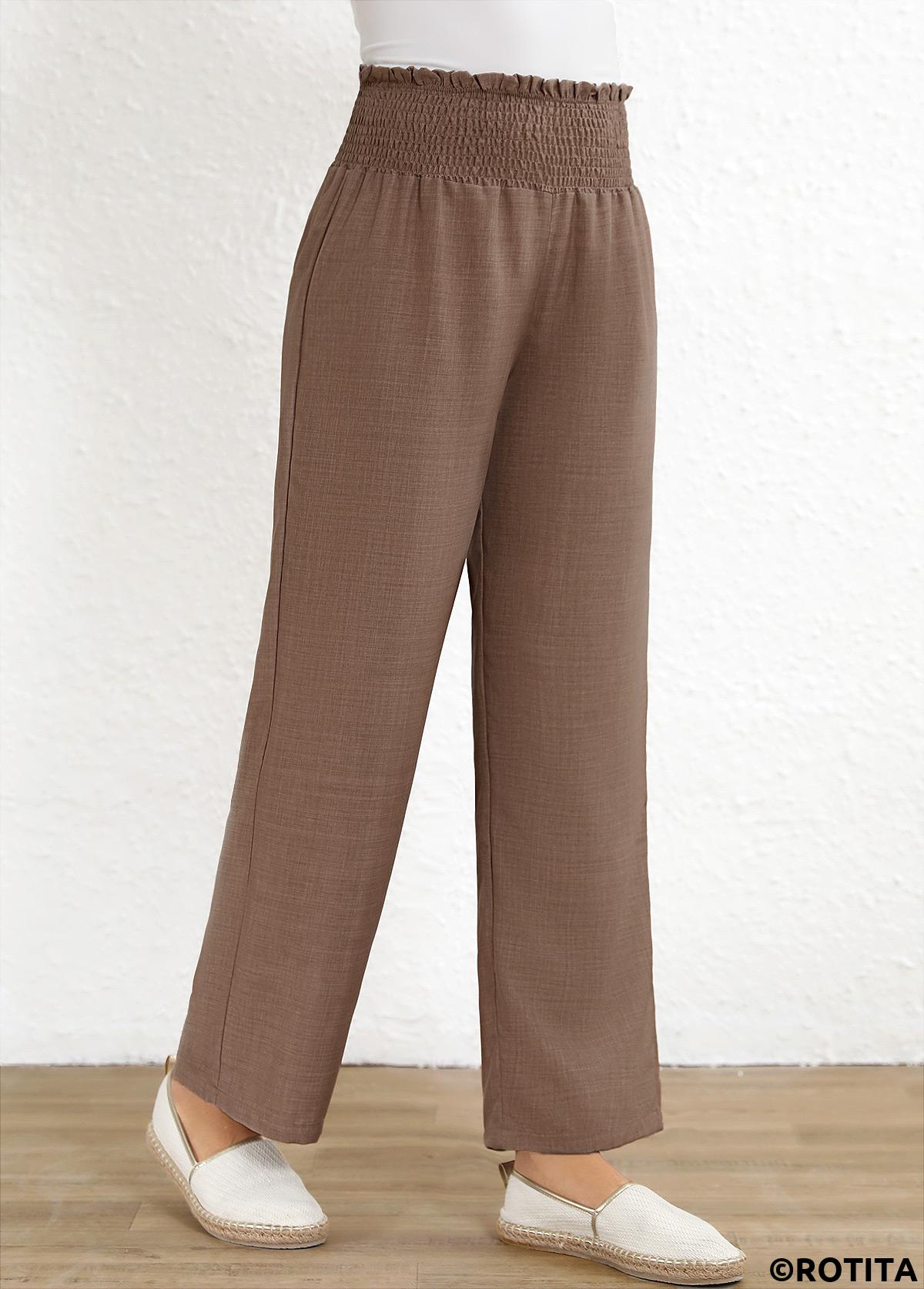 Gray Brown bottoms,Plain Color bottoms,ROTITA Smocked Gray Brown Elastic Waist High Waisted Pants