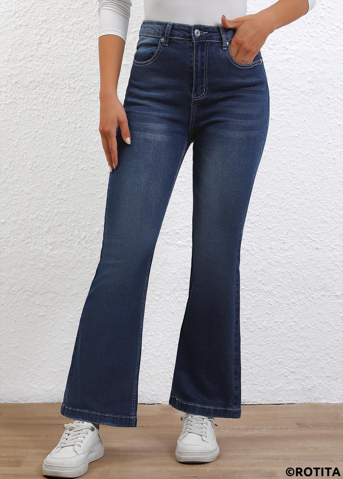 Denim Blue bottoms,Plain Color bottoms,Button Denim Blue Flare Leg High Waisted Jeans