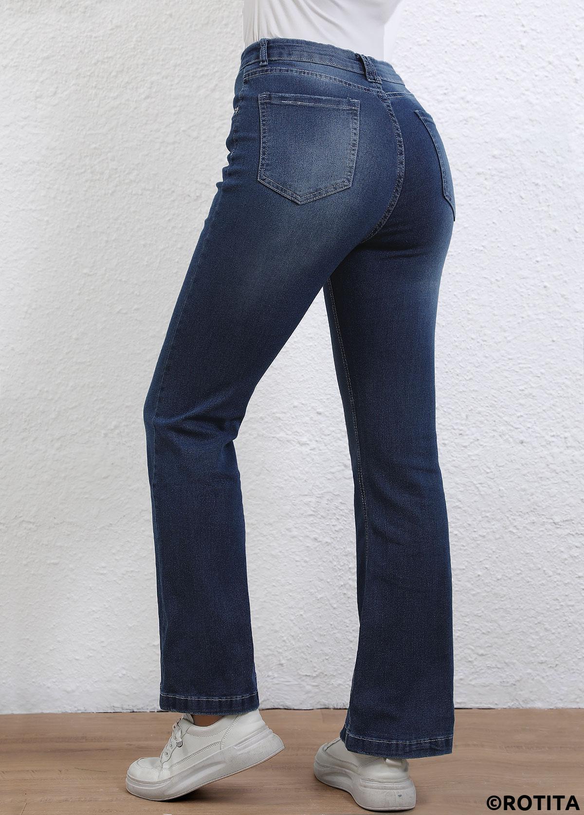 Denim Blue bottoms,Plain Color bottoms,Button Denim Blue Flare Leg High Waisted Jeans