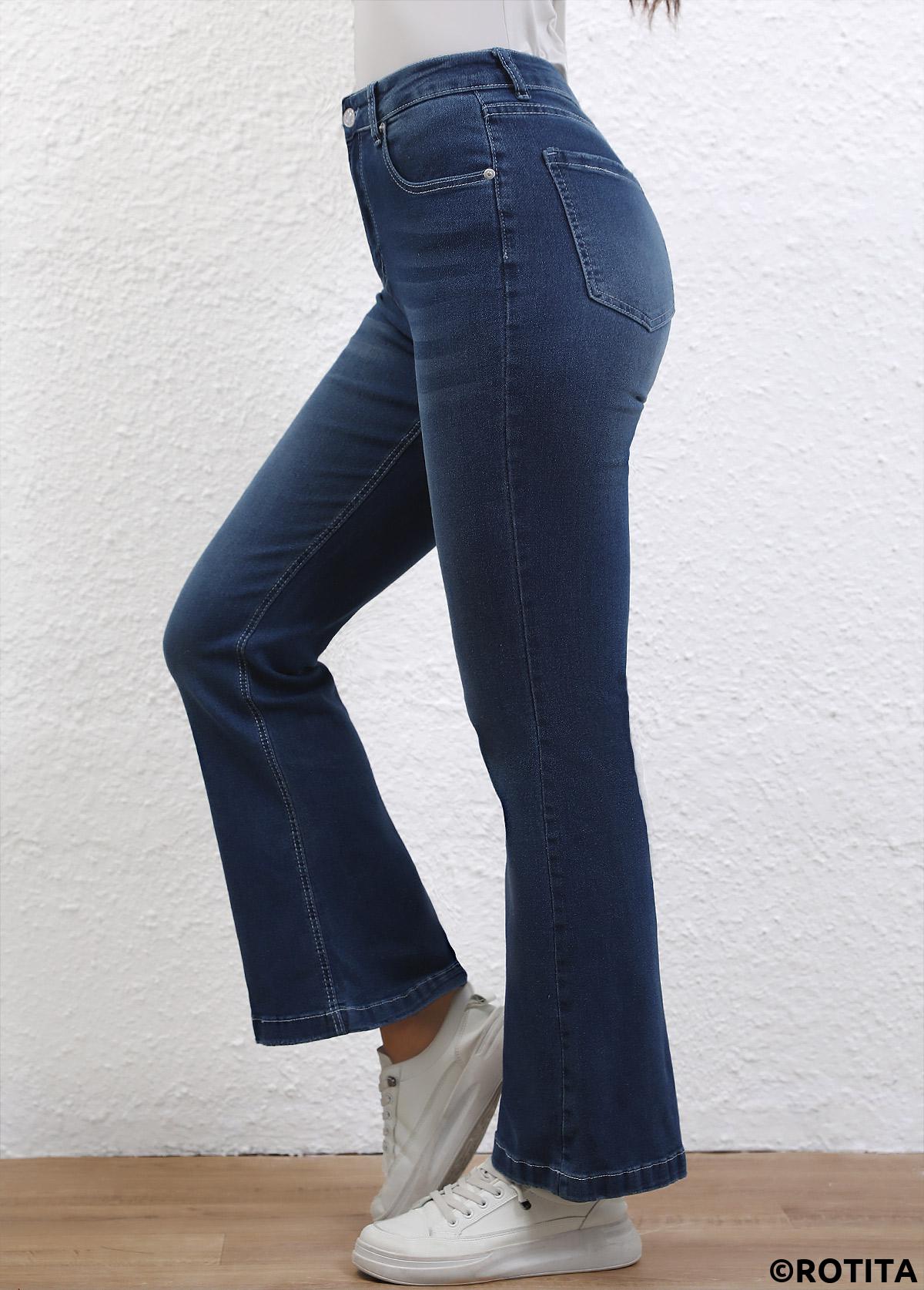 Denim Blue bottoms,Plain Color bottoms,Button Denim Blue Flare Leg High Waisted Jeans