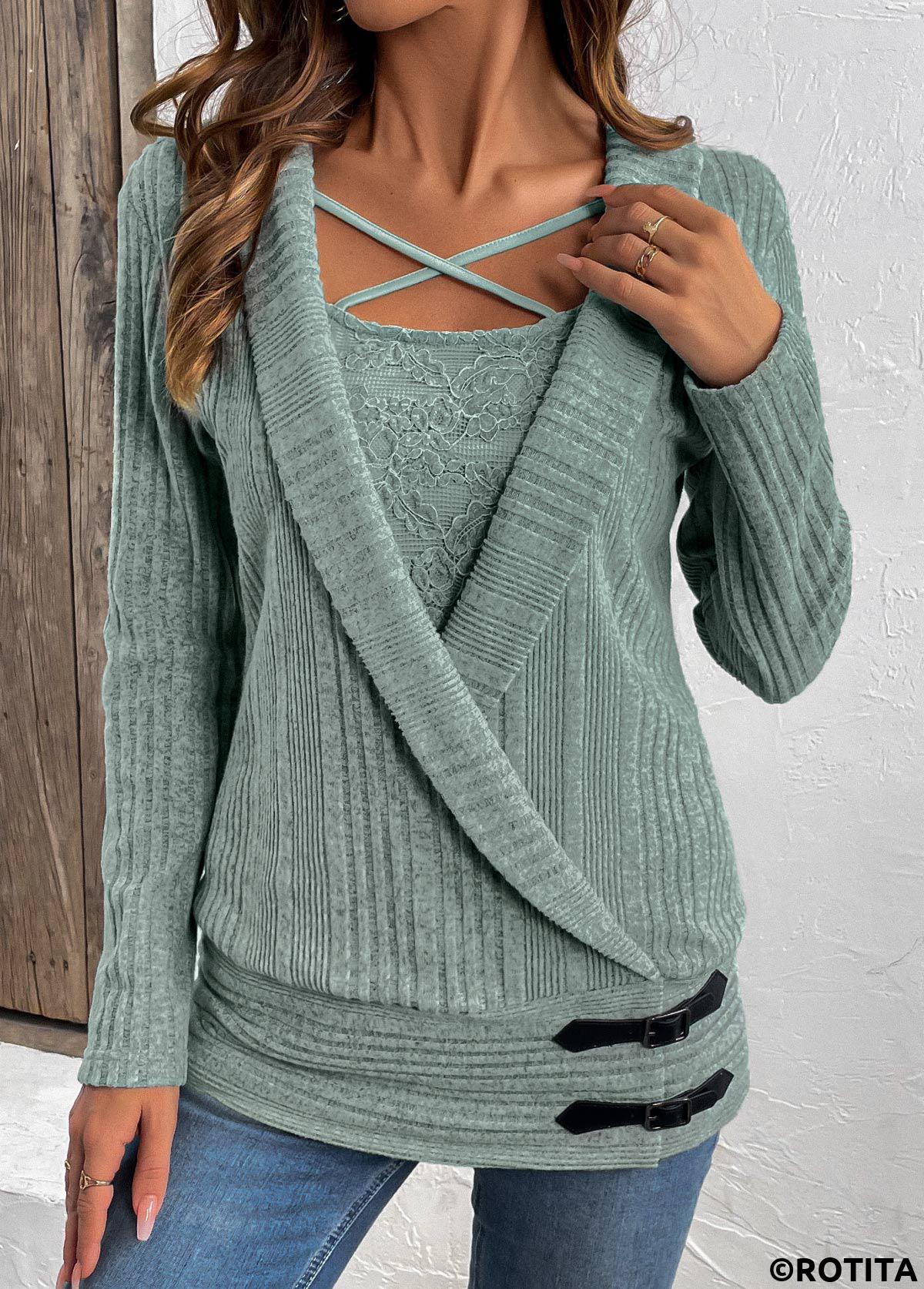 Green tops,Plain Color tops,ROTITA Surplice Green V Neck Fake Two Piece Twinset