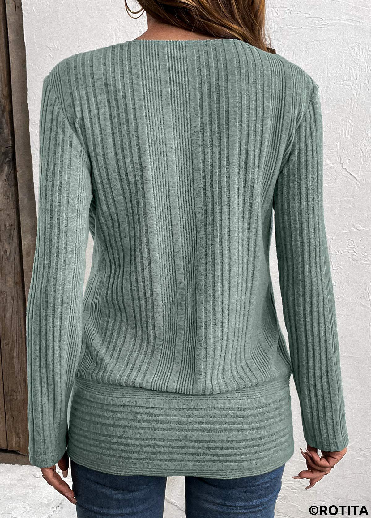 Green tops,Plain Color tops,ROTITA Surplice Green V Neck Fake Two Piece Twinset