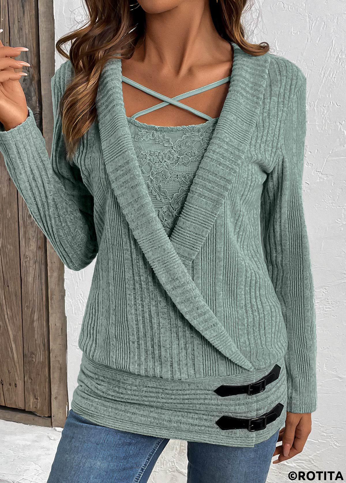 Green tops,Plain Color tops,ROTITA Surplice Green V Neck Fake Two Piece Twinset
