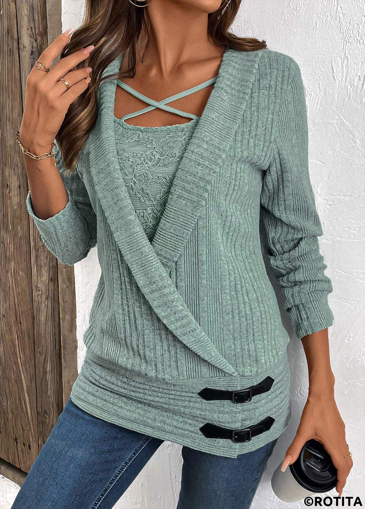 Green tops,Plain Color tops,ROTITA Surplice Green V Neck Fake Two Piece Twinset