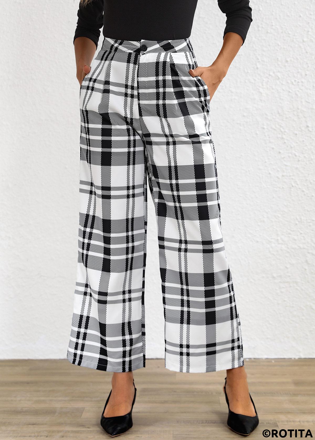 White bottoms,Plaid bottoms,Button Plaid White High Waisted Pants
