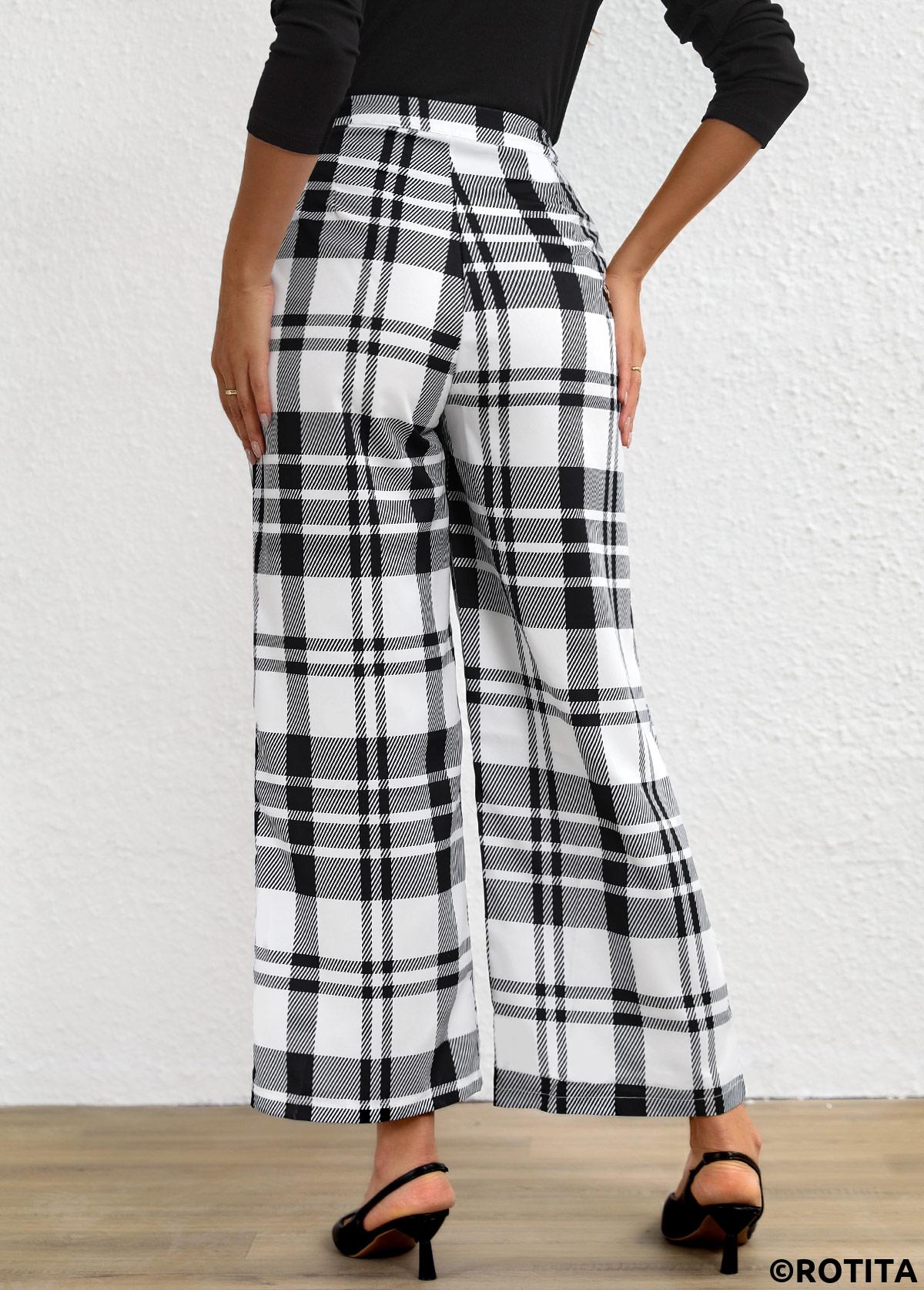 White bottoms,Plaid bottoms,Button Plaid White High Waisted Pants