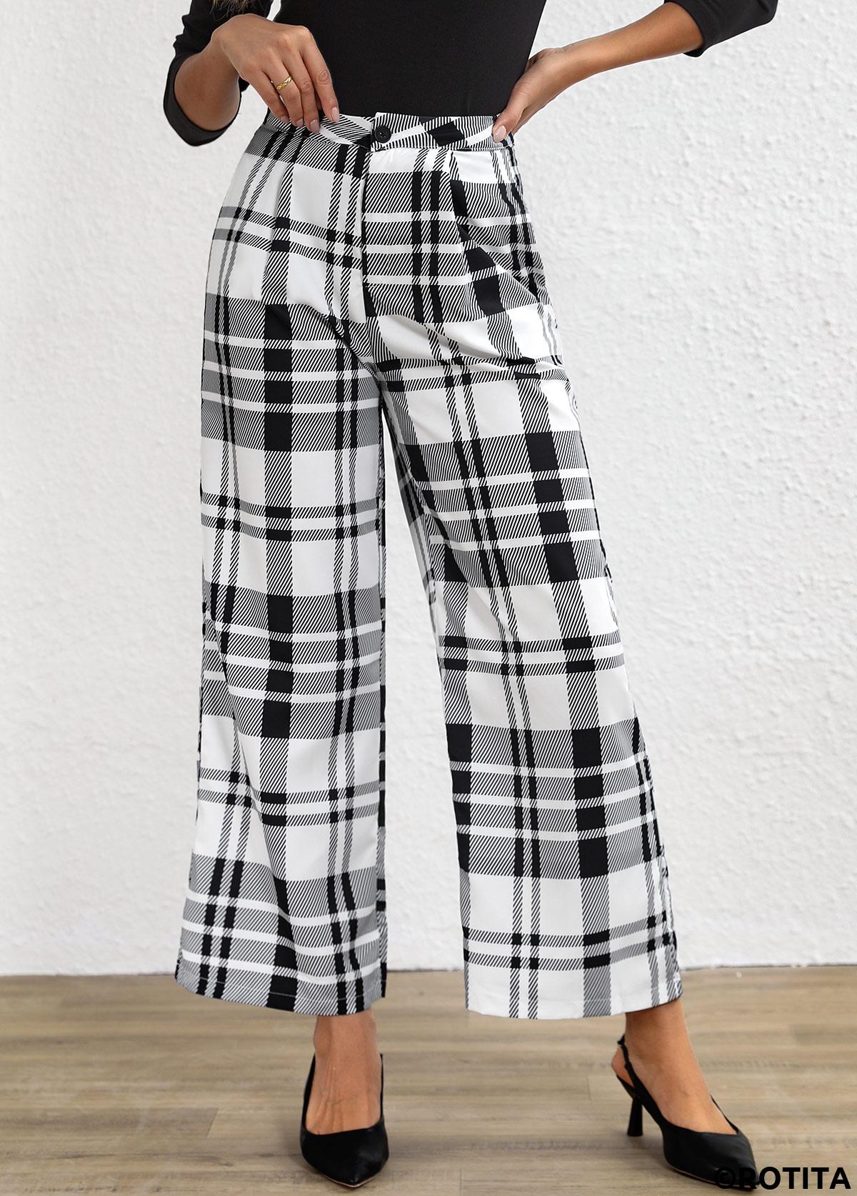 White bottoms,Plaid bottoms,Button Plaid White High Waisted Pants