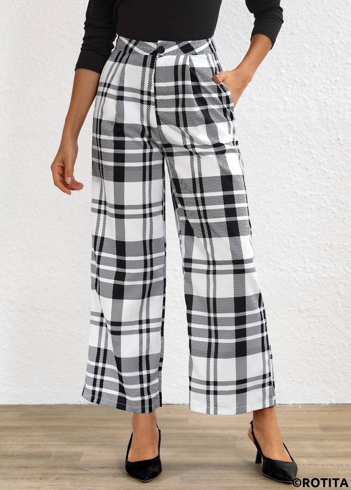 White bottoms,Plaid bottoms,Button Plaid White High Waisted Pants