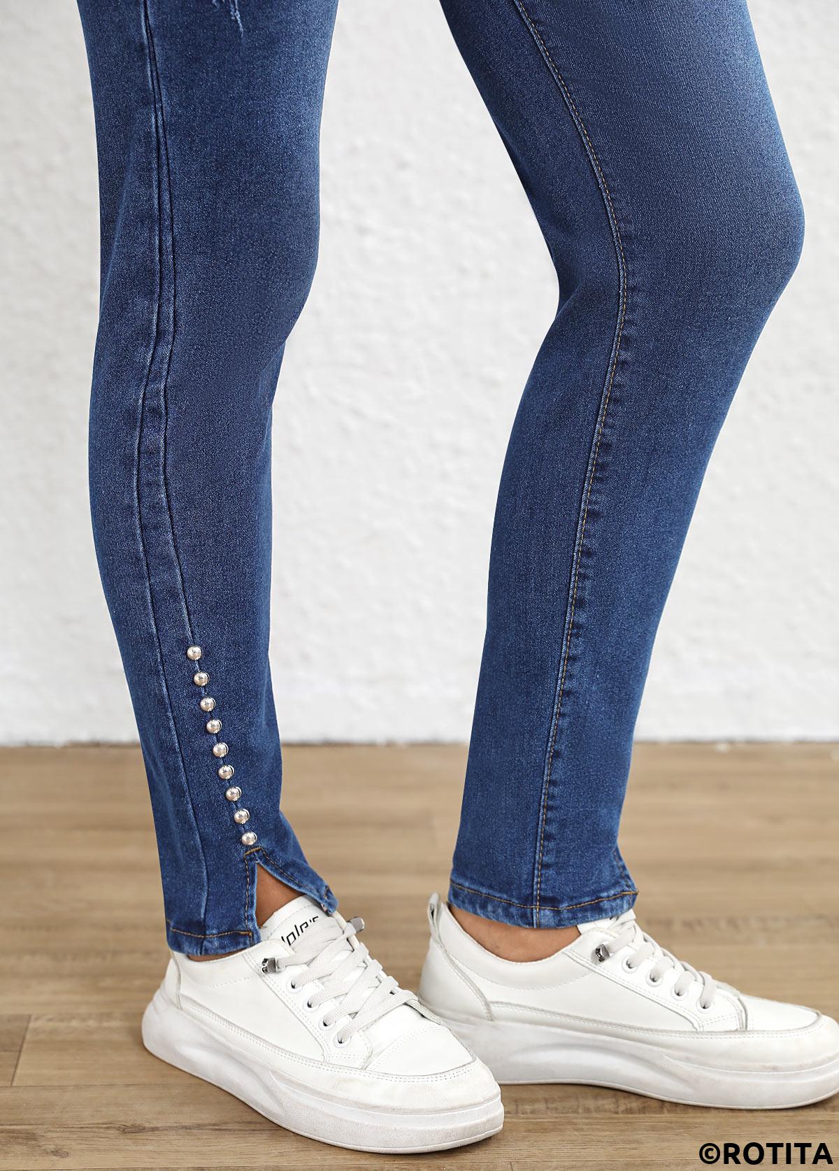 Dark Blue bottoms,Plain Color bottoms,Split Dark Blue Skinny Button Fly High Waisted Jeans