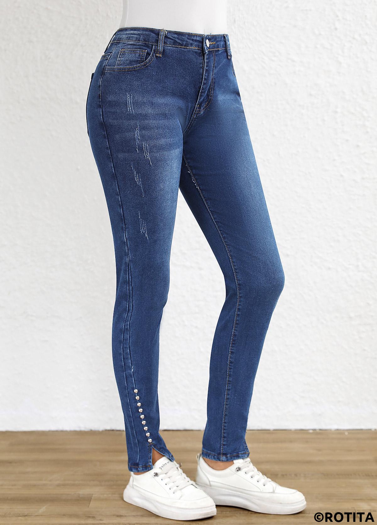 Dark Blue bottoms,Plain Color bottoms,Split Dark Blue Skinny Button Fly High Waisted Jeans