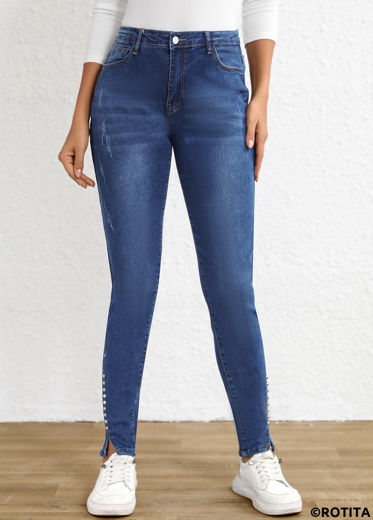 Dark Blue bottoms,Plain Color bottoms,Split Dark Blue Skinny Button Fly High Waisted Jeans
