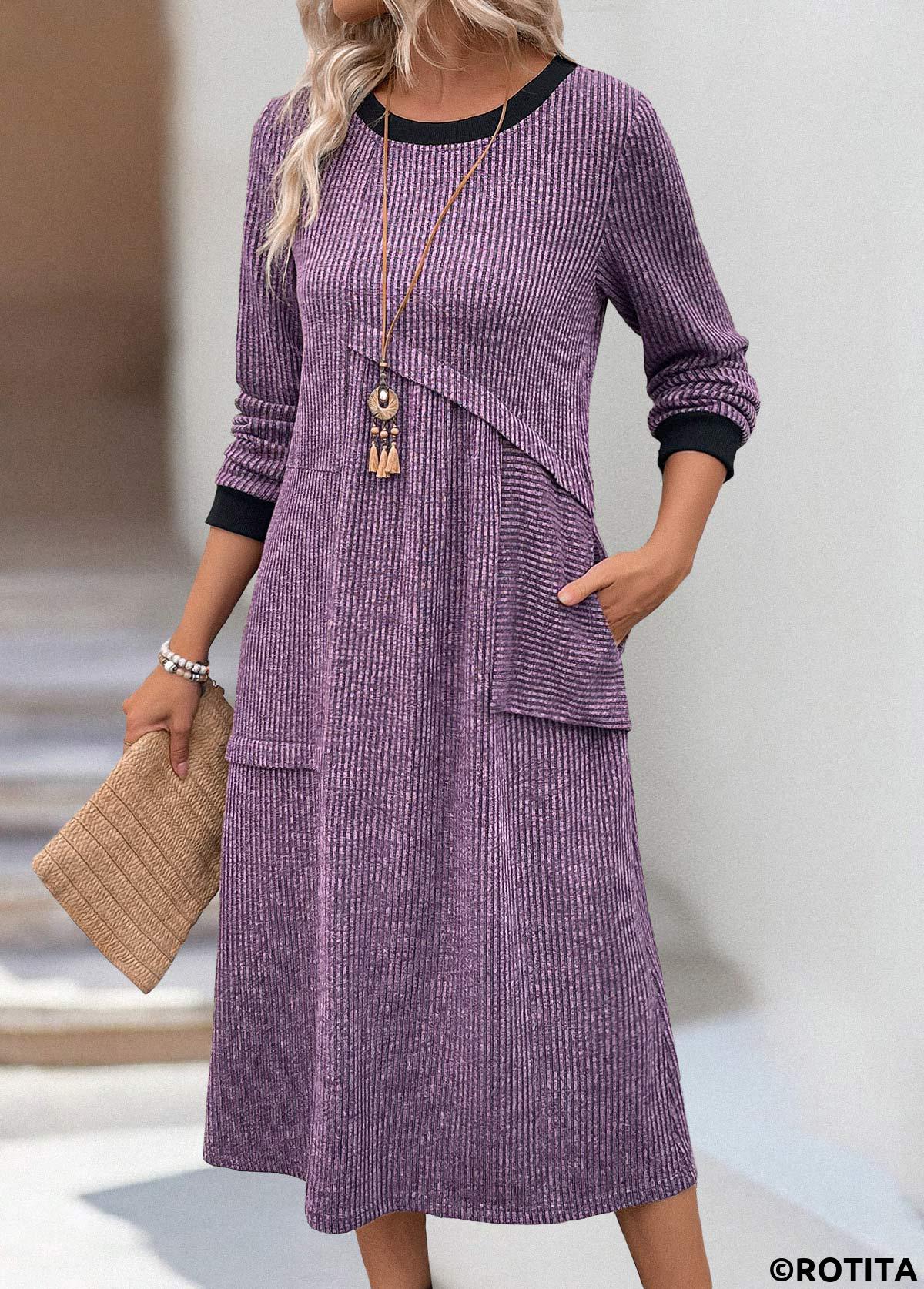 Dusty Purple plus size,Plain Color plus size,ROTITA Plus Size Tummy Coverage Dusty Purple Round Neck Dress