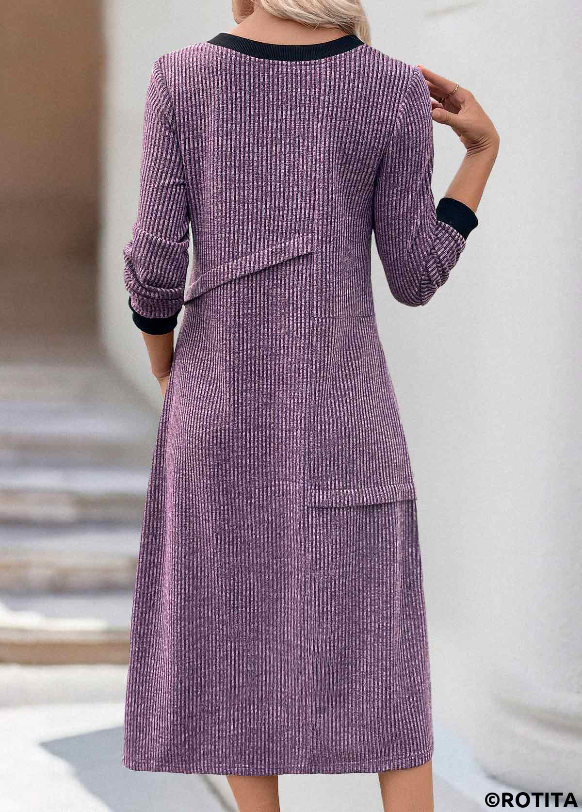 Dusty Purple plus size,Plain Color plus size,ROTITA Plus Size Patchwork Dusty Purple A Line Dress