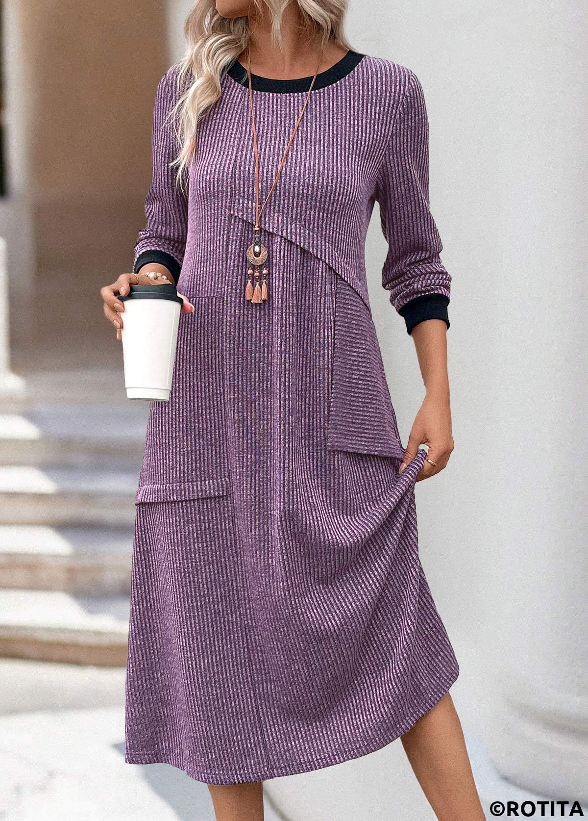 Dusty Purple plus size,Plain Color plus size,ROTITA Plus Size Patchwork Dusty Purple A Line Dress