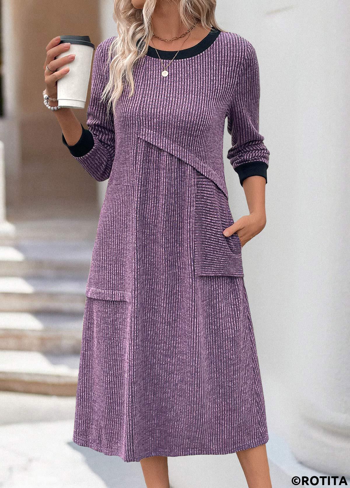 Dusty Purple plus size,Plain Color plus size,ROTITA Plus Size Patchwork Dusty Purple A Line Dress