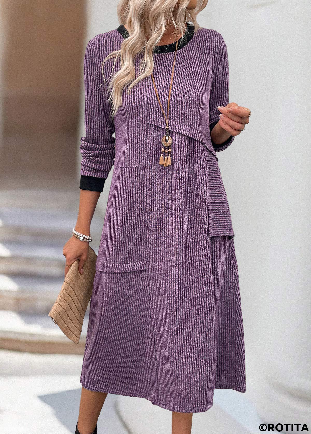 Dusty Purple plus size,Plain Color plus size,ROTITA Plus Size Tummy Coverage Dusty Purple Round Neck Dress