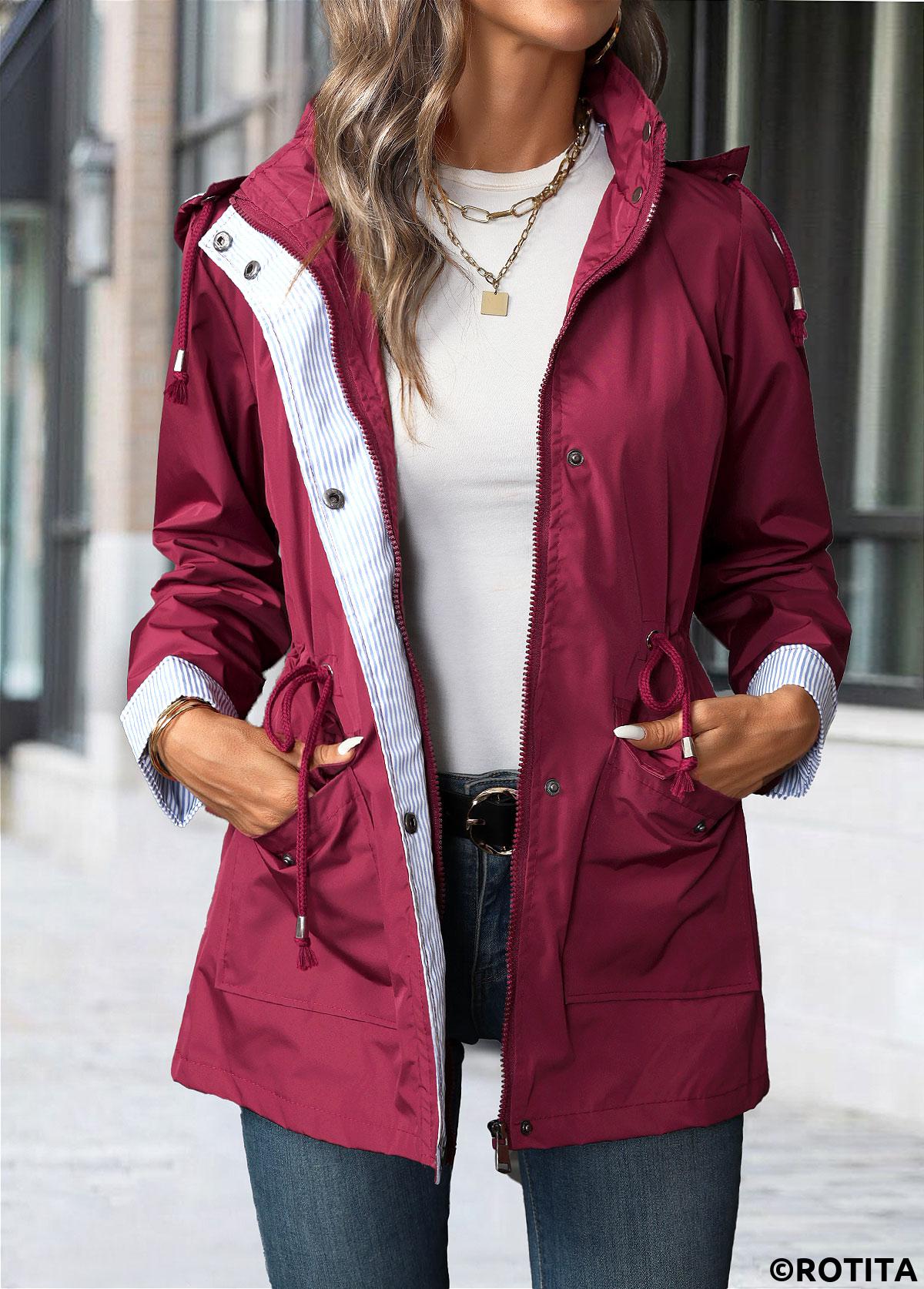 Wine Red tops,Plain Color tops,Lace Up Wine Red Hooded Long Sleeve Trench Coat