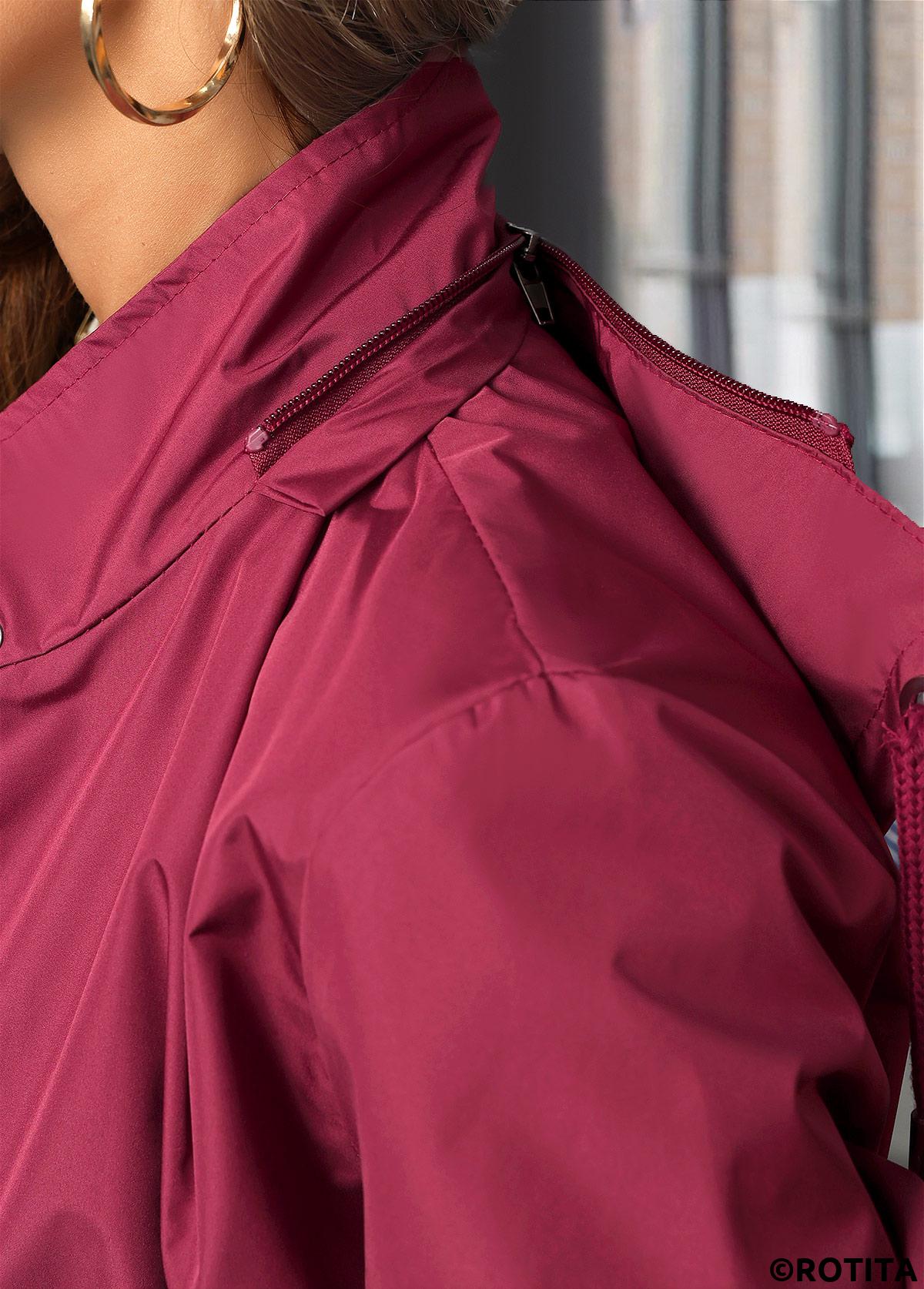 Wine Red tops,Plain Color tops,Lace Up Wine Red Hooded Long Sleeve Trench Coat
