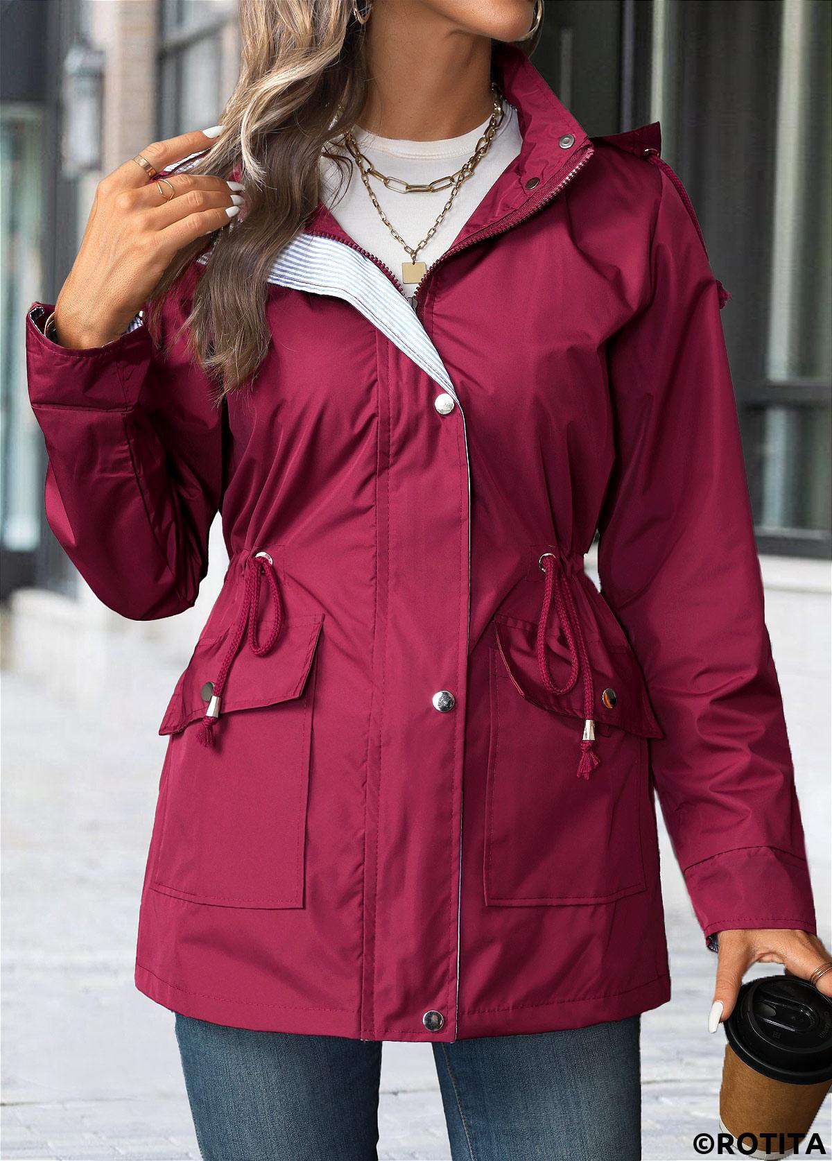 Wine Red tops,Plain Color tops,Lace Up Wine Red Hooded Long Sleeve Trench Coat