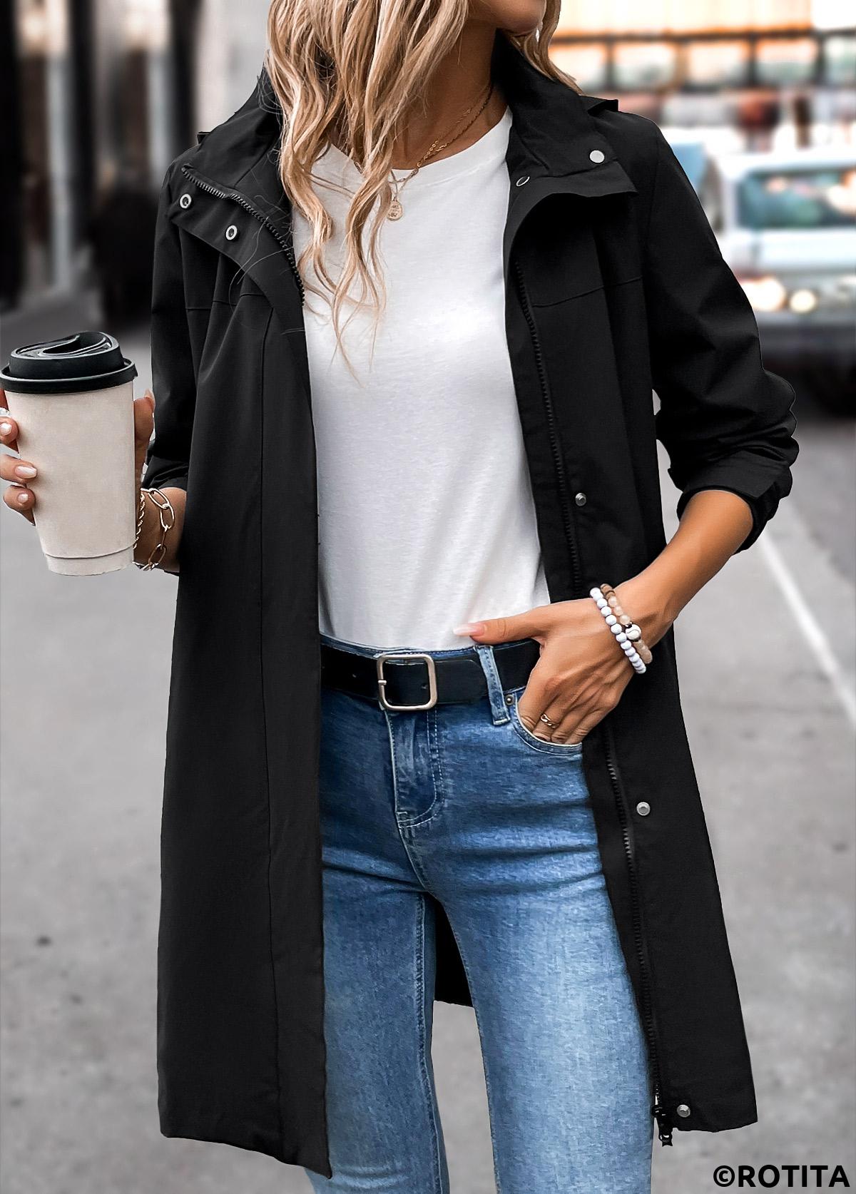Black tops,Plain Color tops,Removable Hood Black Hooded Long Sleeve Trench Coat