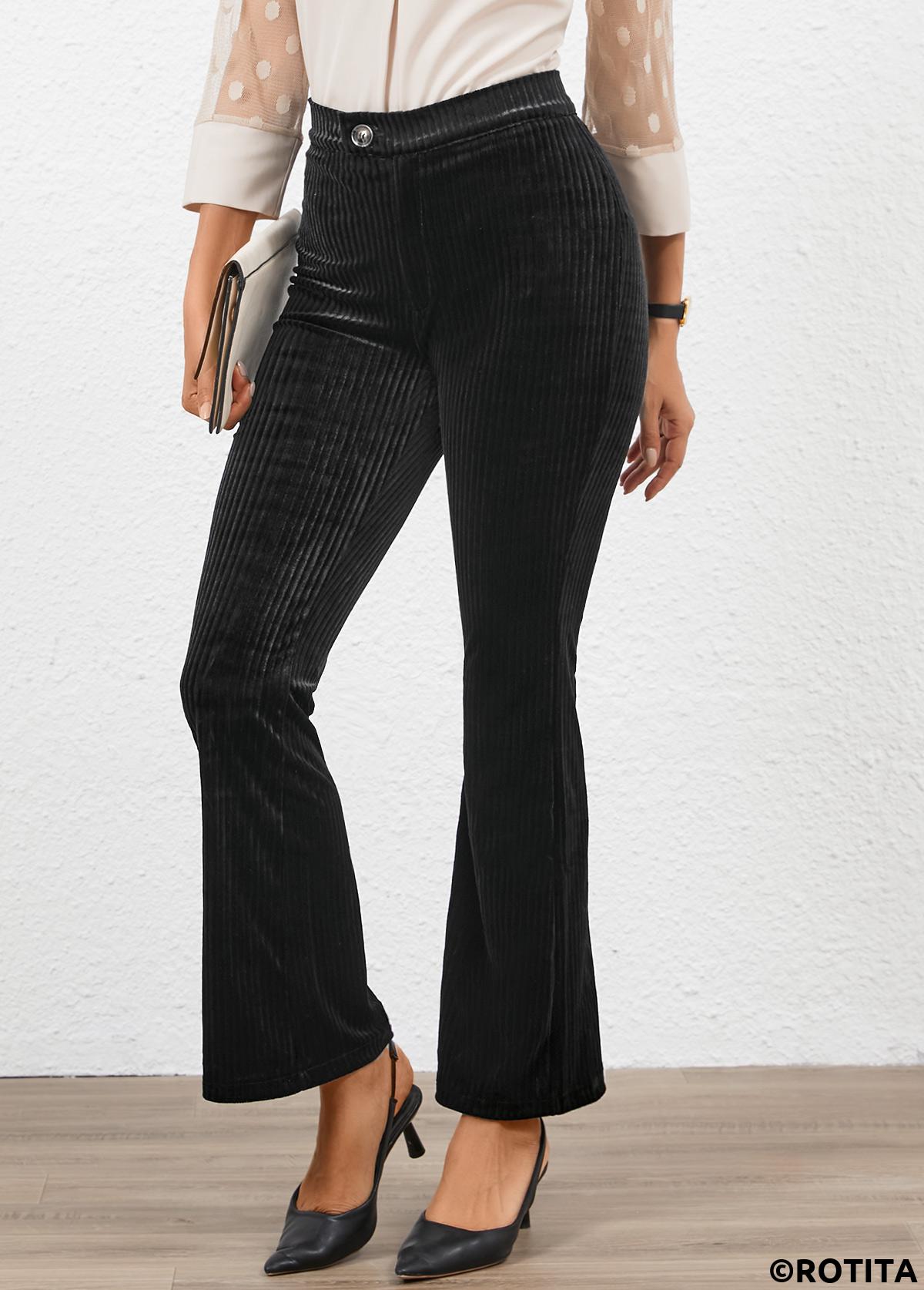 Button Black Flare Leg High Waisted Pants