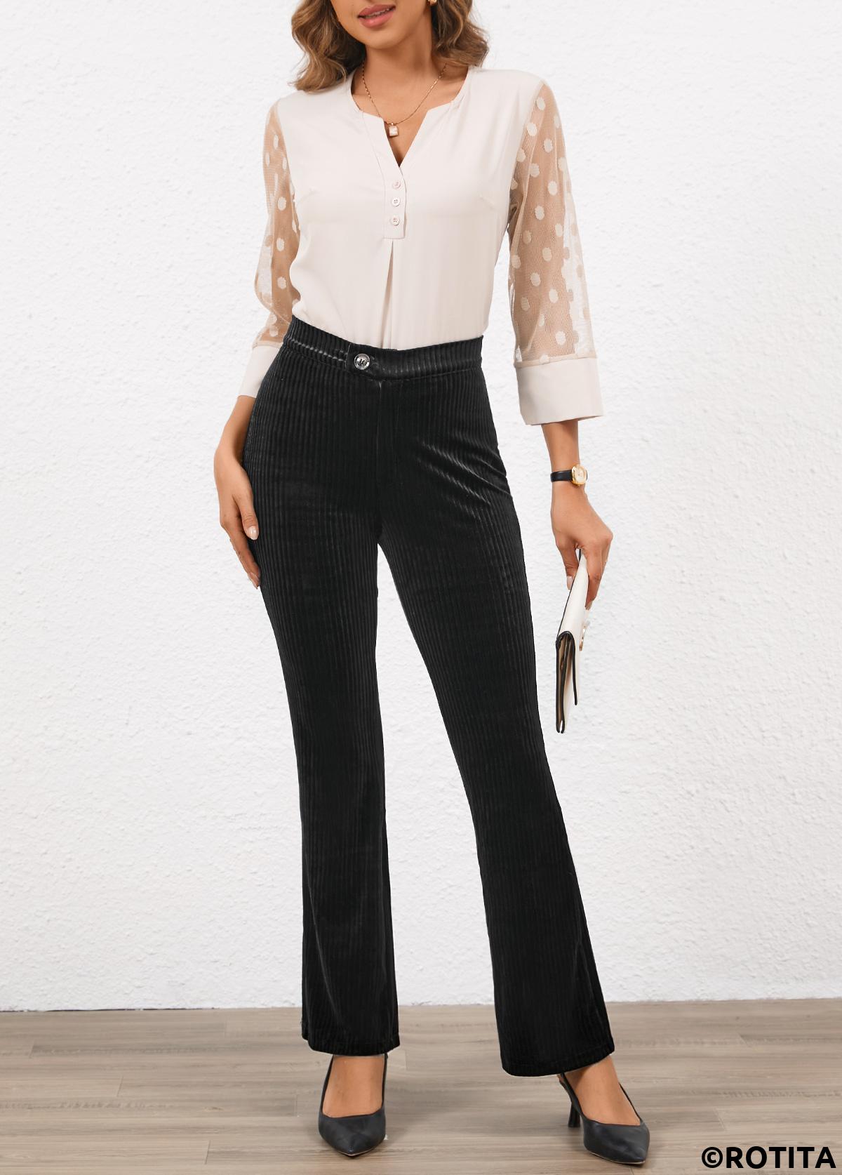 Black bottoms,Plain Color bottoms,Button Black Flare Leg High Waisted Pants