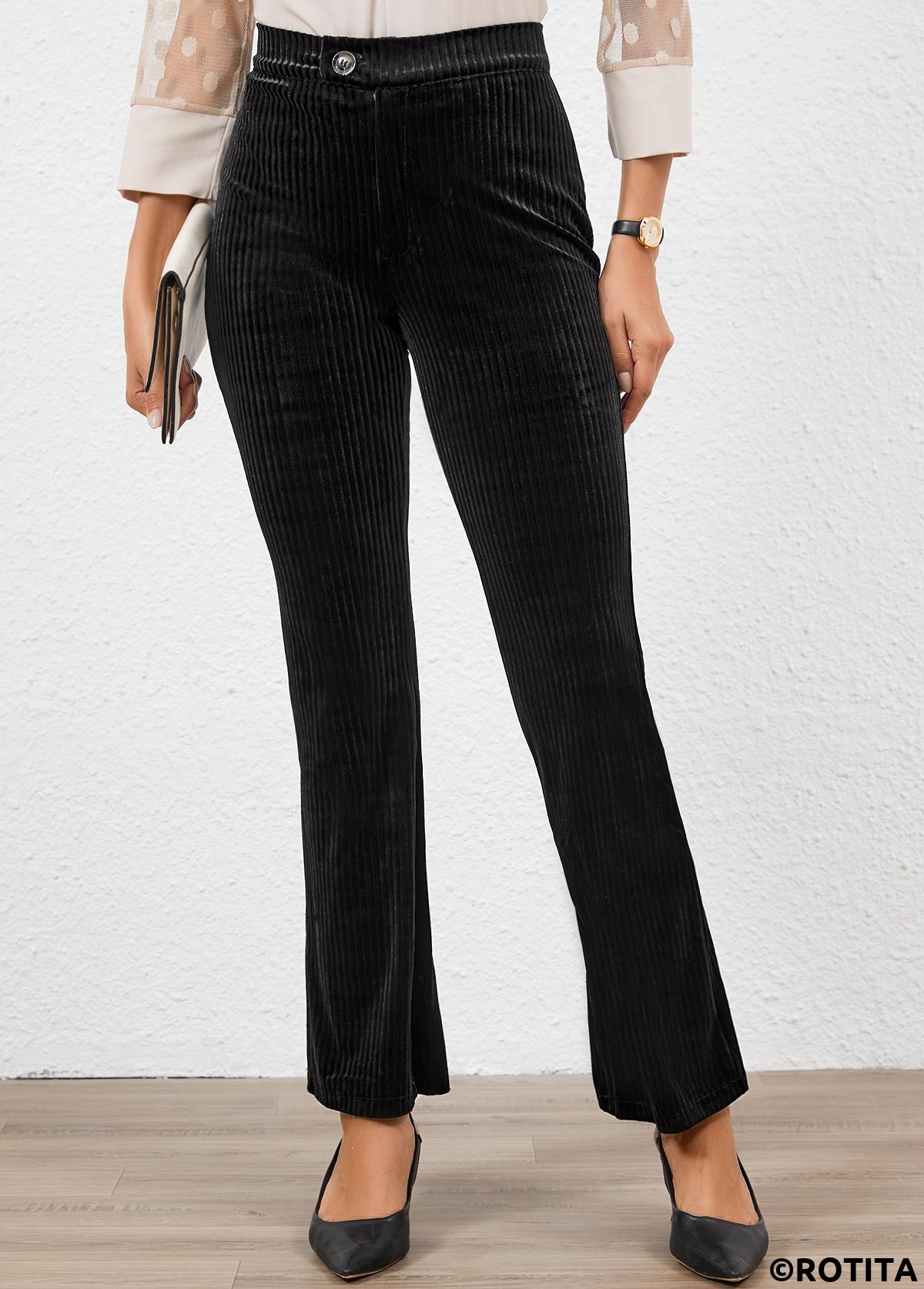 Black bottoms,Plain Color bottoms,Button Black Flare Leg High Waisted Pants