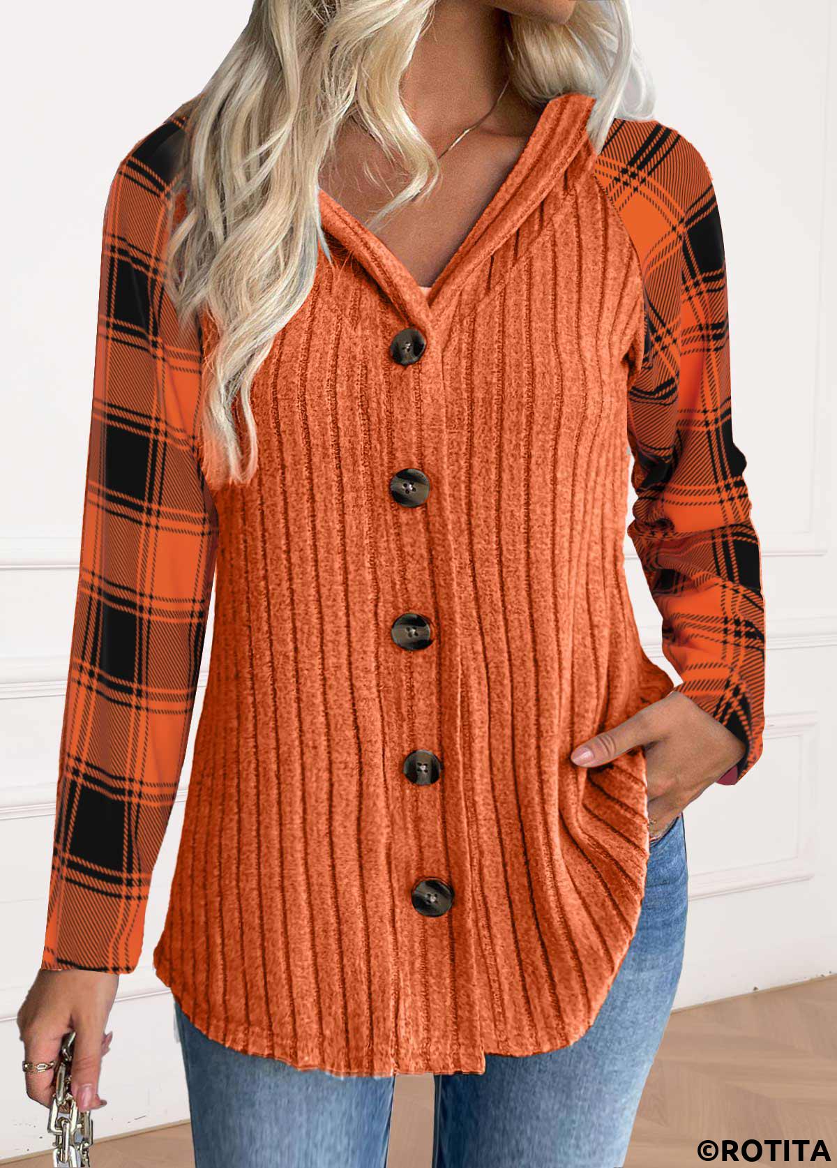 Orange tops,Plaid tops,Striped tops,Geometric tops,ROTITA Button Plaid Orange Long Sleeve Hoodie