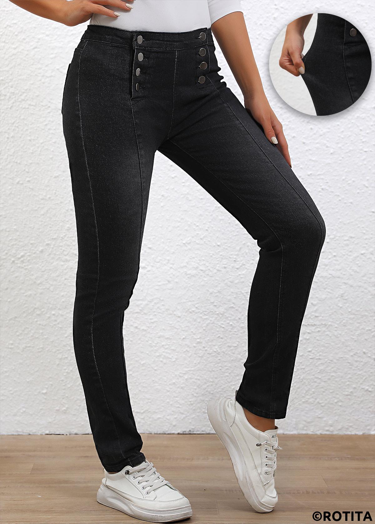 Black bottoms,Plain Color bottoms,Button Black Skinny High Waisted Pants