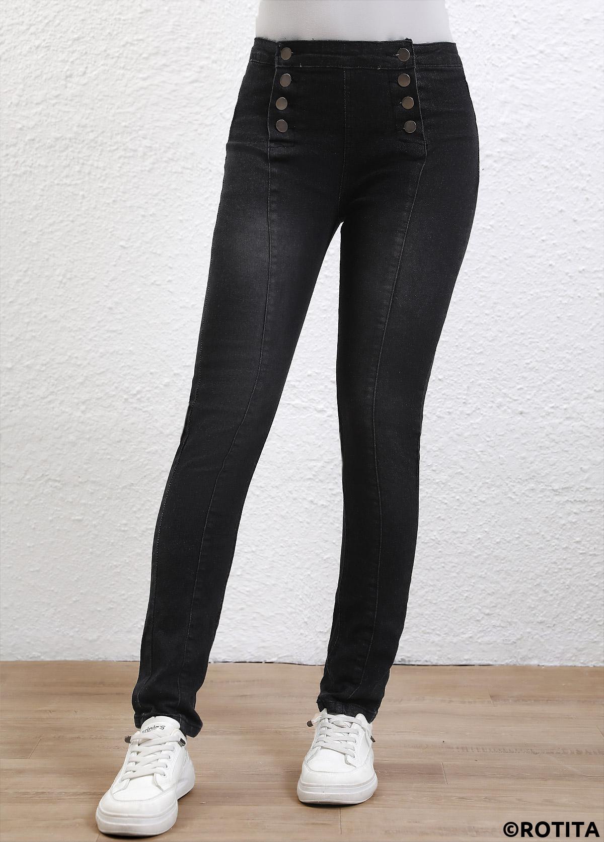Black bottoms,Plain Color bottoms,Button Black Skinny High Waisted Pants