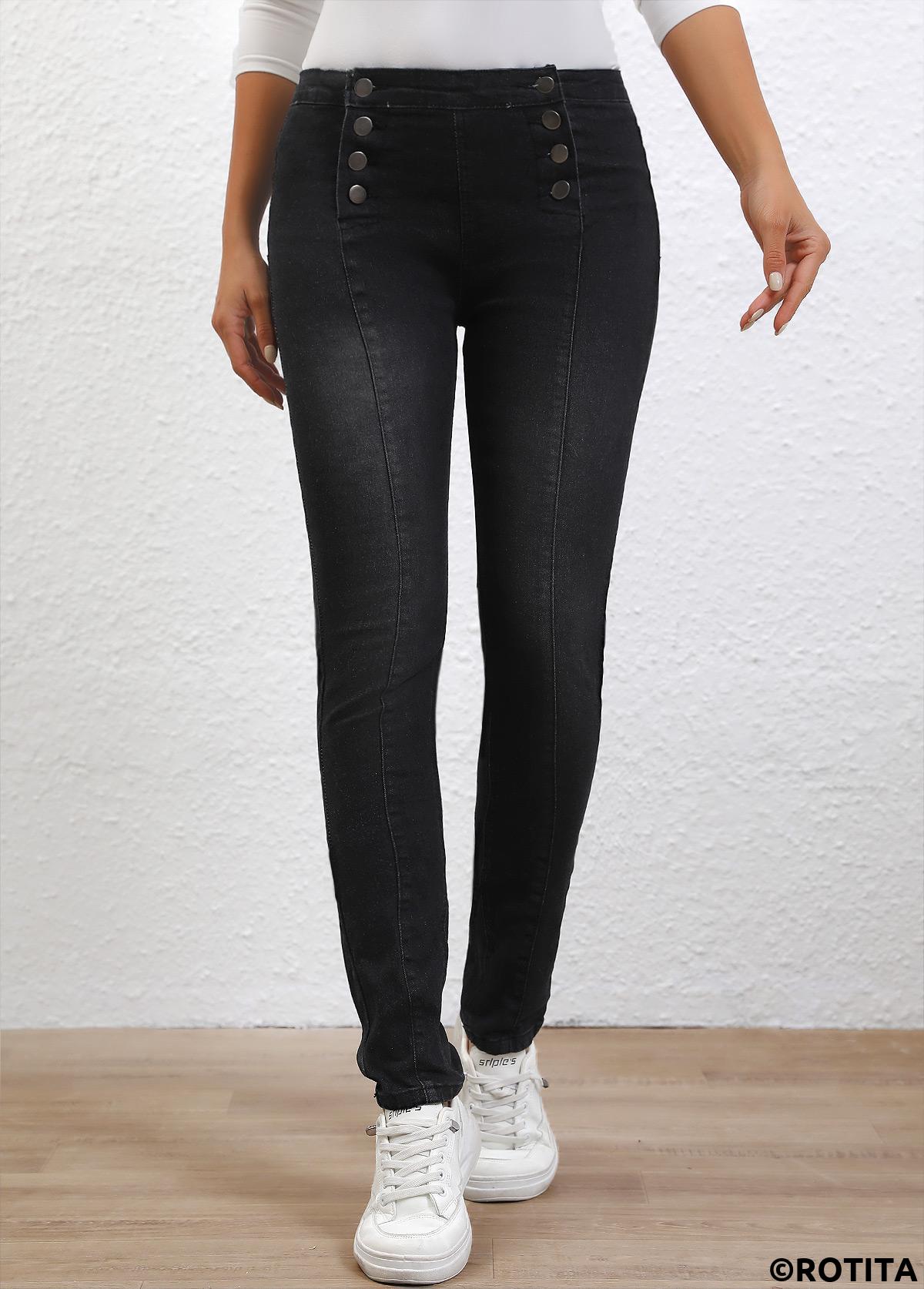 Black bottoms,Plain Color bottoms,Button Black Skinny High Waisted Pants