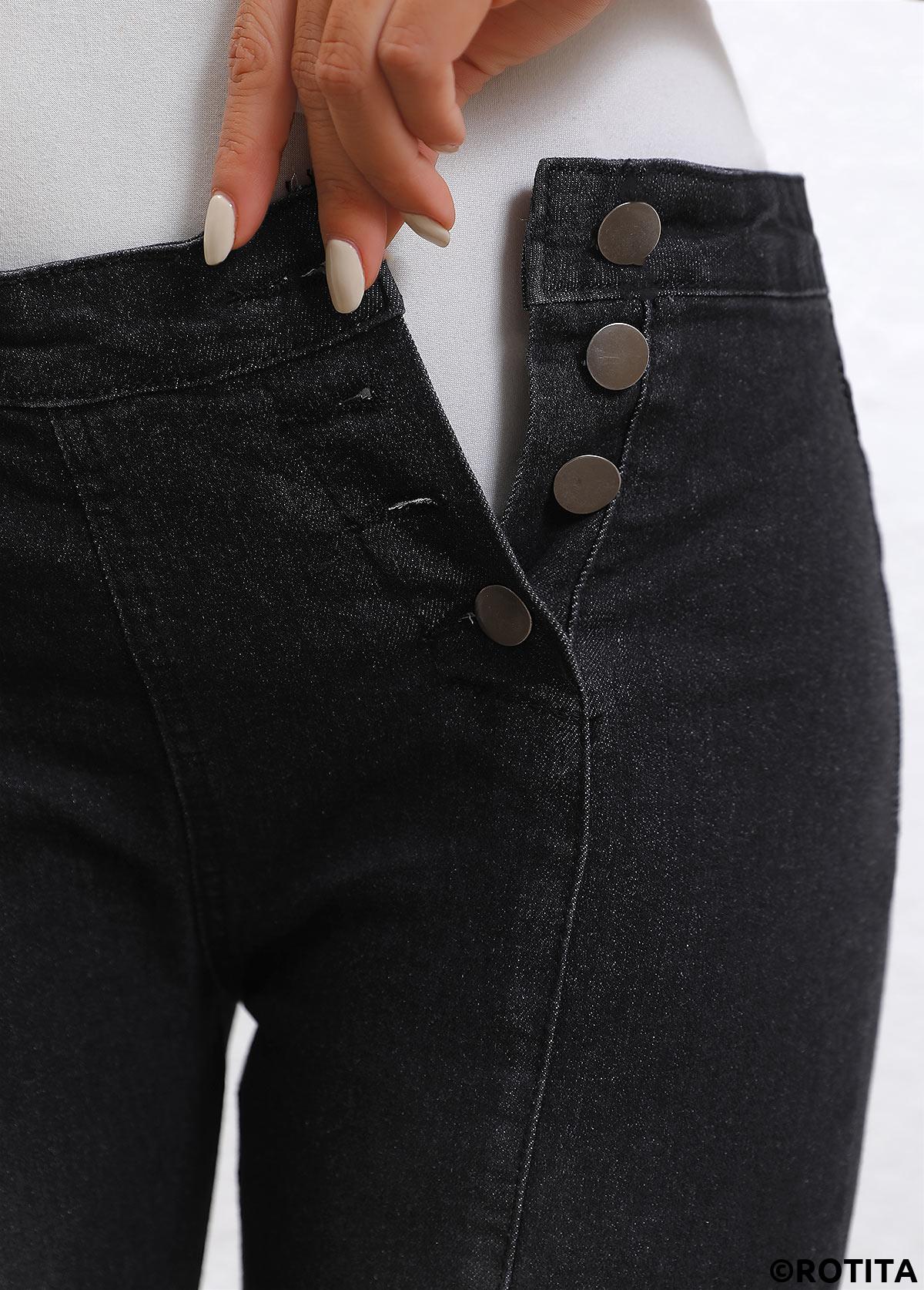 Black bottoms,Plain Color bottoms,Button Black Skinny High Waisted Pants
