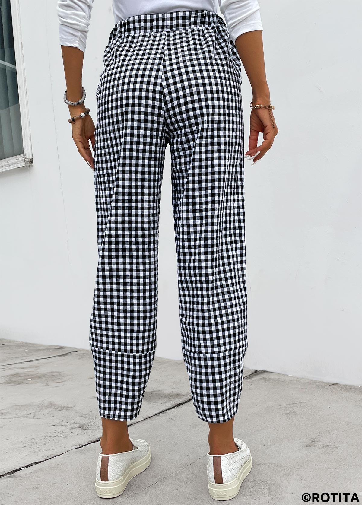 Black bottoms,Plaid bottoms,Plaid Black Elastic Waist High Waisted Pants