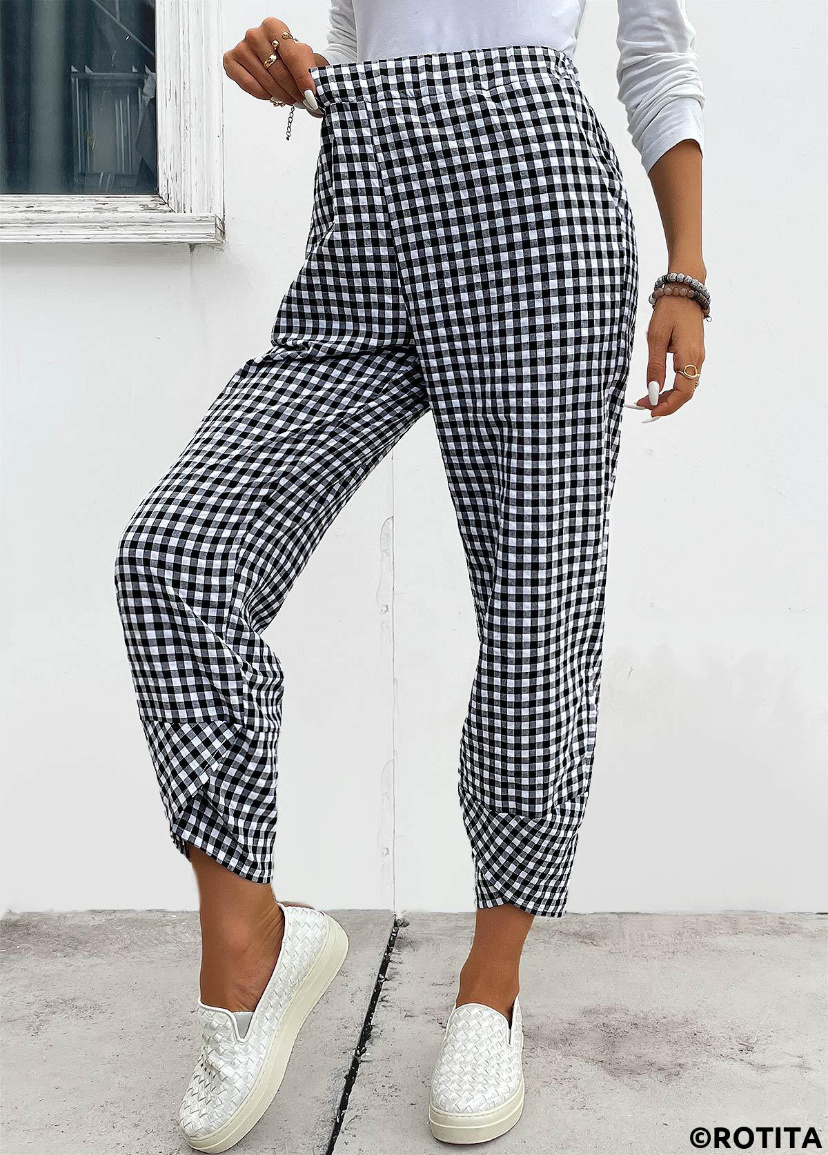 Black bottoms,Plaid bottoms,Plaid Black Elastic Waist High Waisted Pants