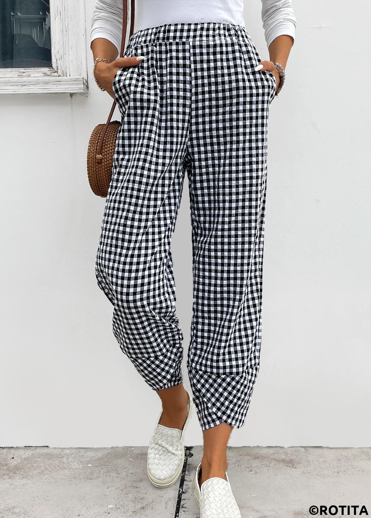 Black bottoms,Plaid bottoms,Plaid Black Elastic Waist High Waisted Pants