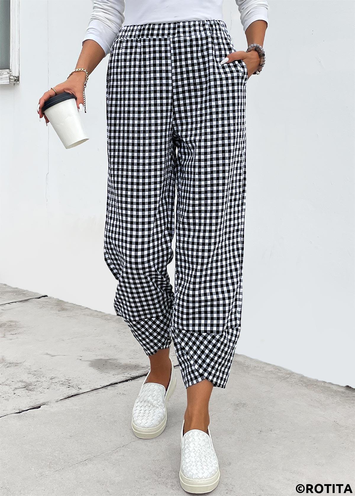 Black bottoms,Plaid bottoms,Plaid Black Elastic Waist High Waisted Pants