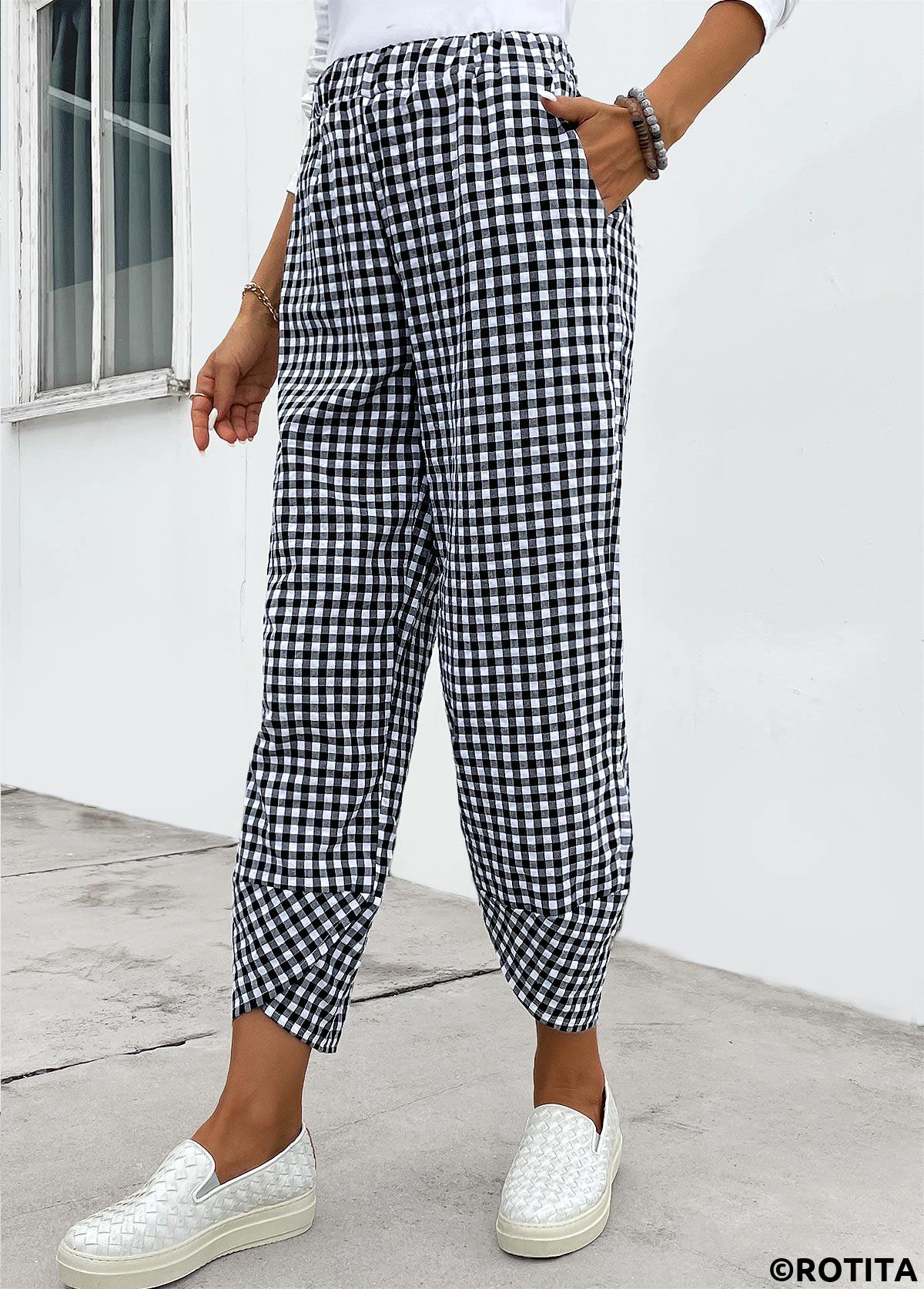 Black bottoms,Plaid bottoms,Plaid Black Elastic Waist High Waisted Pants
