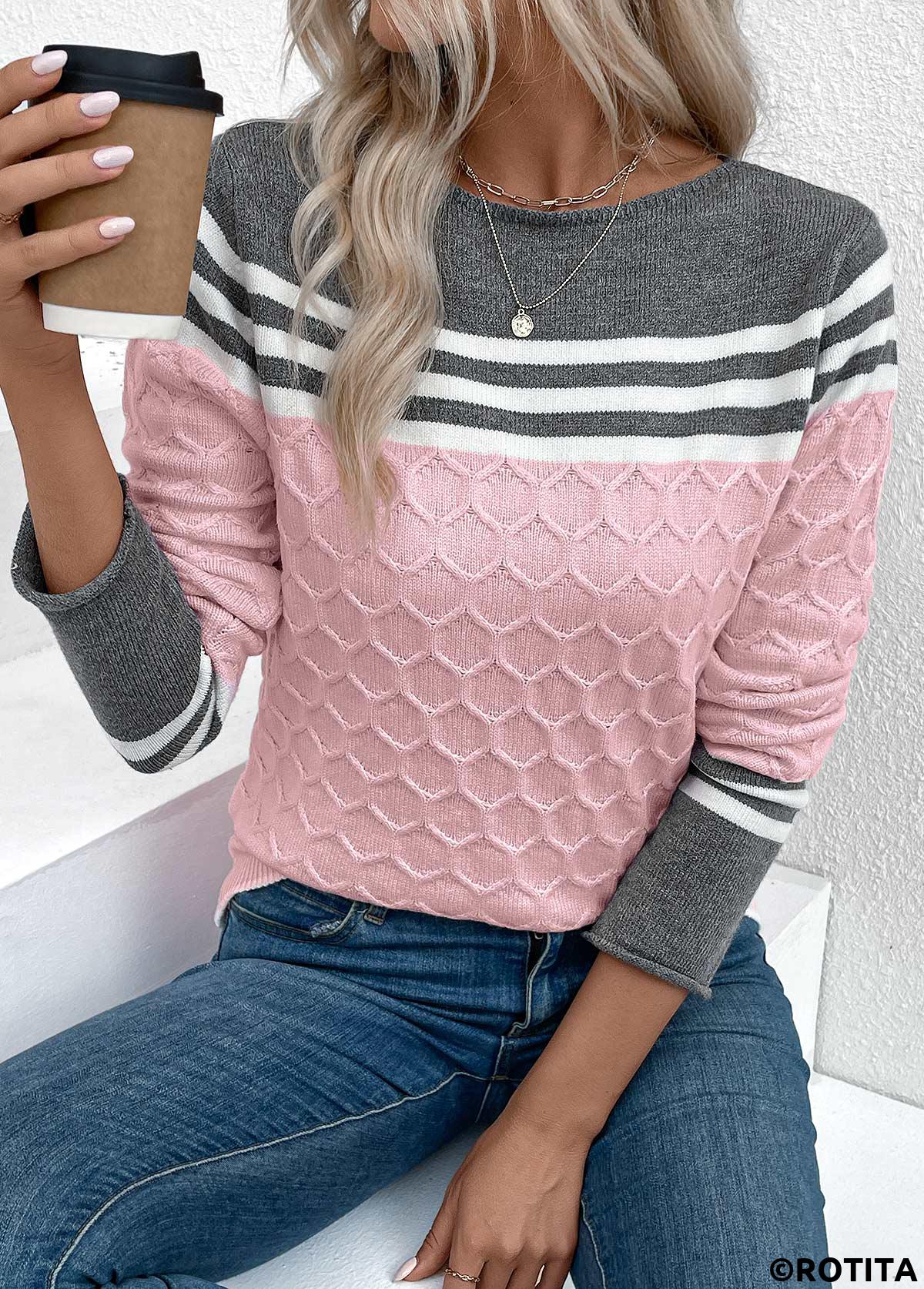 Pink tops,Striped tops,Contrast Color tops,Geometric tops,Patchwork Pink Round Neck Long Sleeve Sweater