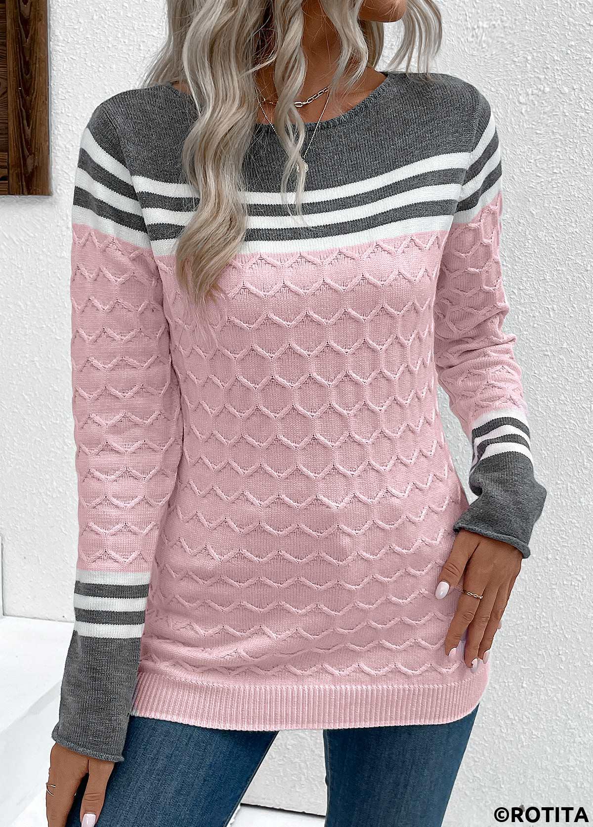 Pink tops,Striped tops,Contrast Color tops,Geometric tops,Patchwork Pink Round Neck Long Sleeve Sweater