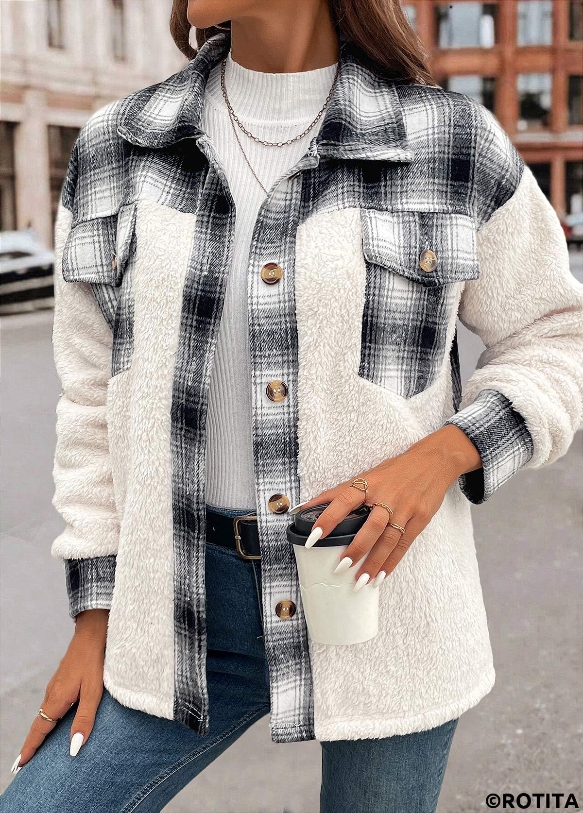 White tops,Geometric tops,Plaid tops,Patchwork Plaid White Shirt Collar Long Sleeve Coat