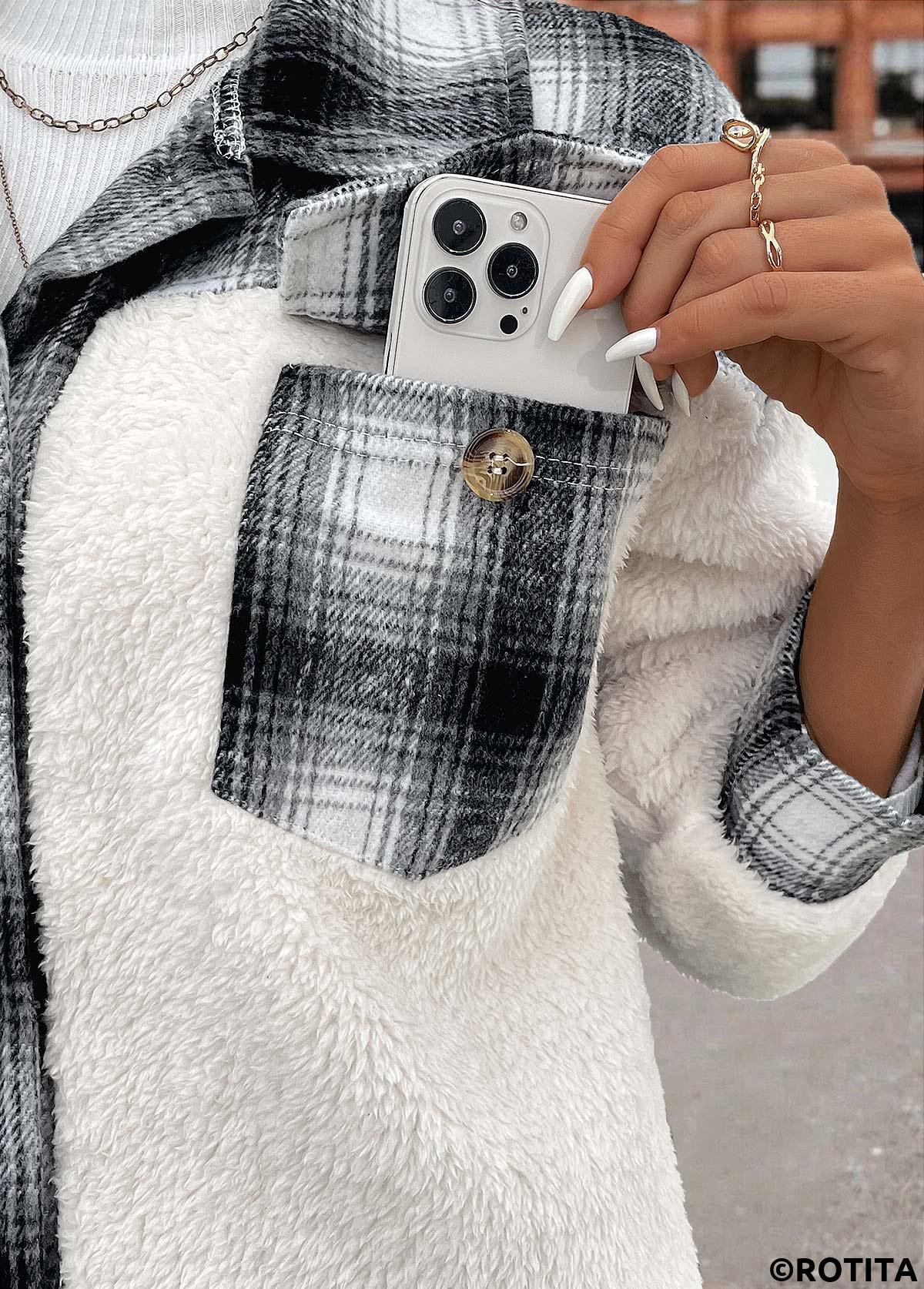 White tops,Geometric tops,Plaid tops,Patchwork Plaid White Shirt Collar Long Sleeve Coat
