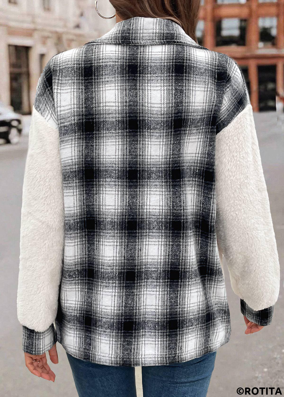 White tops,Geometric tops,Plaid tops,Patchwork Plaid White Shirt Collar Long Sleeve Coat