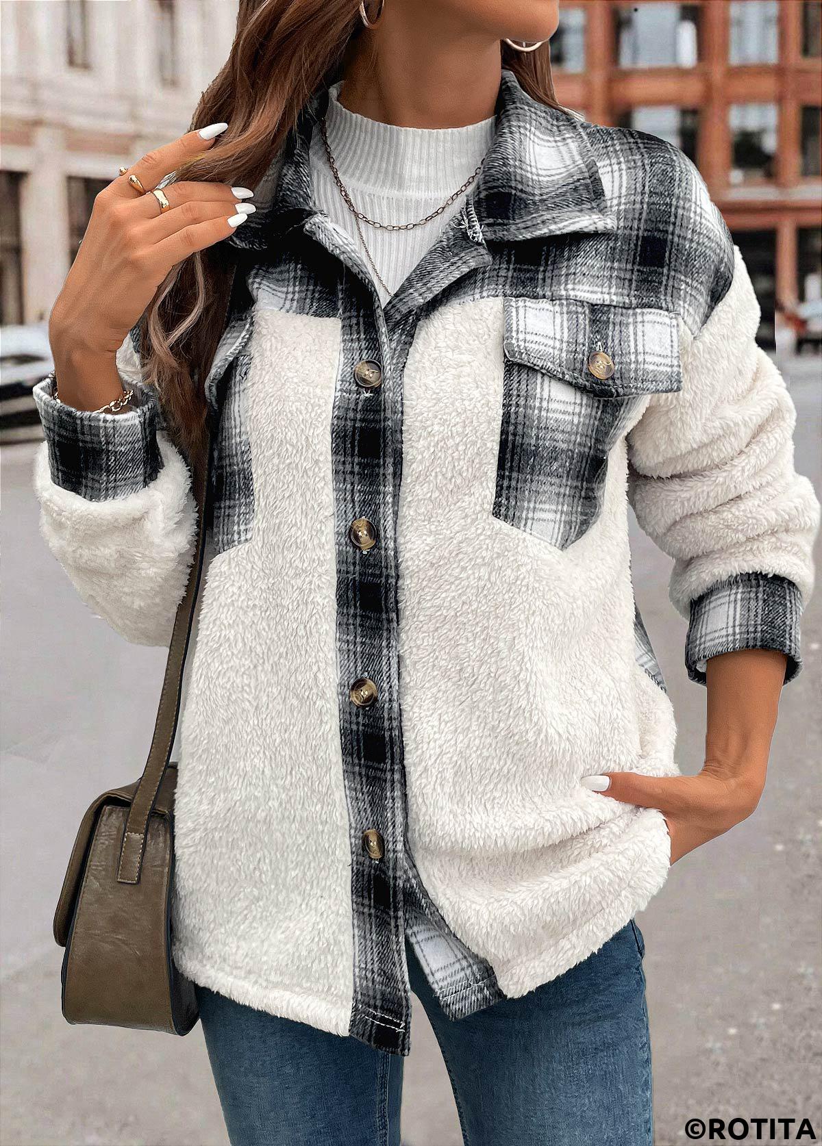 White tops,Geometric tops,Plaid tops,Patchwork Plaid White Shirt Collar Long Sleeve Coat