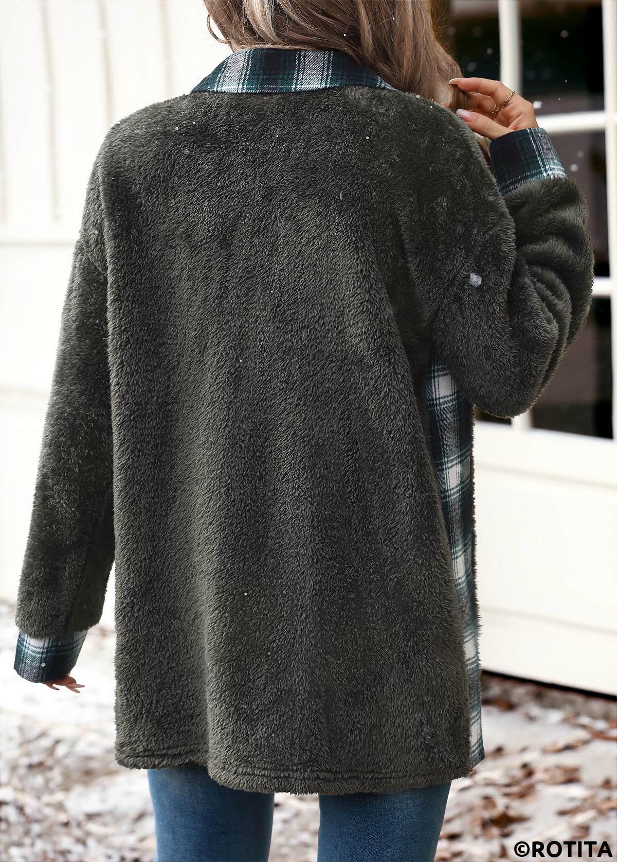 Blackish Green tops,Plaid tops,Plush Plaid Blackish Green Turn Down Collar Coat
